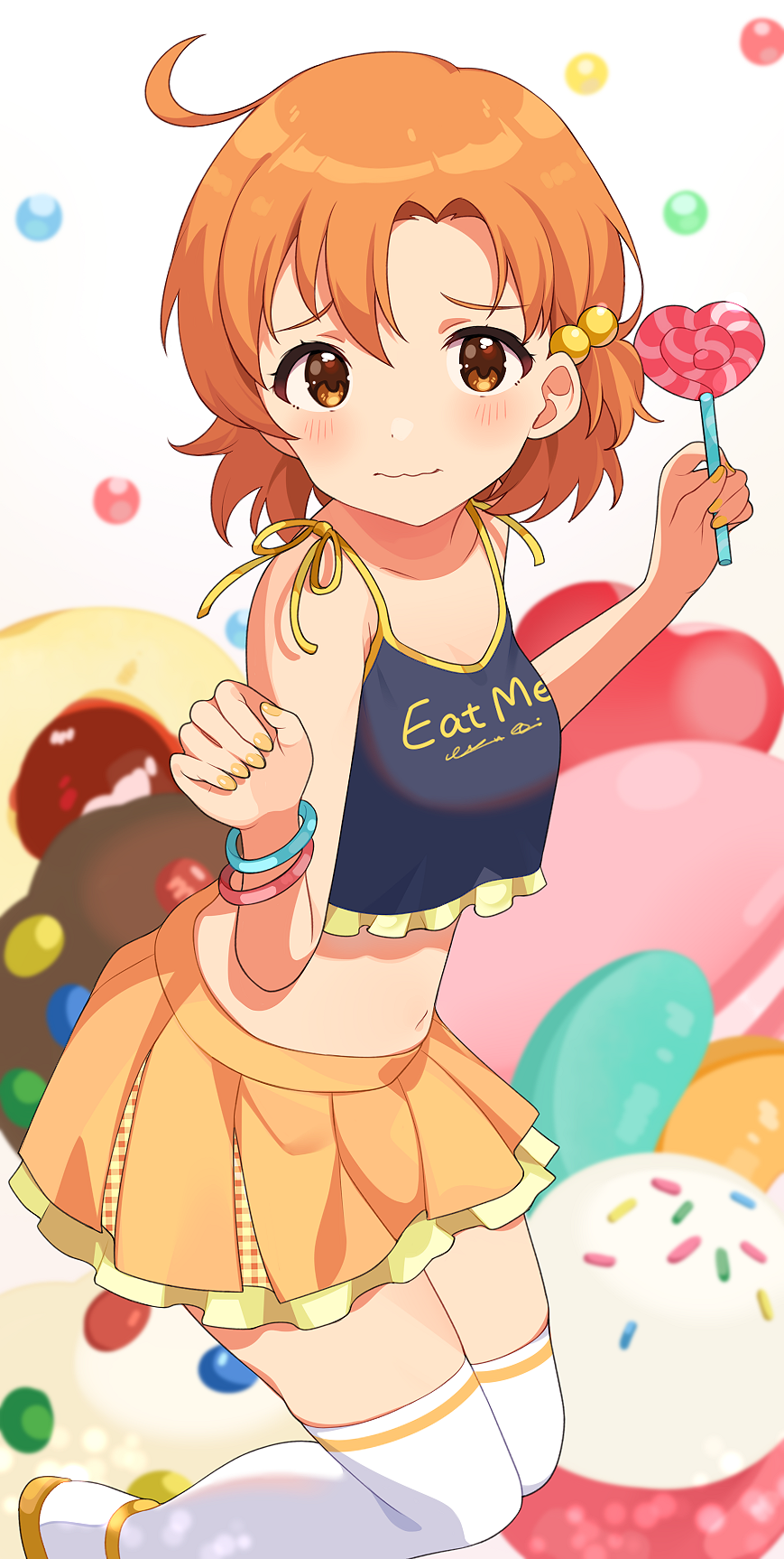 1girl ahoge bare_shoulders blue_shirt blush breasts brown_eyes brown_hair candy chocolate cleavage clenched_hand closed_mouth collarbone cropped_shirt dot_nose food from_side hair_bobbles hair_ornament hands_up highres holding holding_candy holding_food idolmaster idolmaster_million_live! idolmaster_million_live!_theater_days inuyama_nanami jelly_bean lollipop looking_at_viewer macaron midriff miniskirt multicolored_background multiple_bracelets navel orange_skirt pleated_skirt shirt shoes short_hair skirt sleeveless sleeveless_shirt small_breasts thighhighs wavy_mouth white_footwear white_thighhighs yabuki_kana yellow_trim zettai_ryouiki