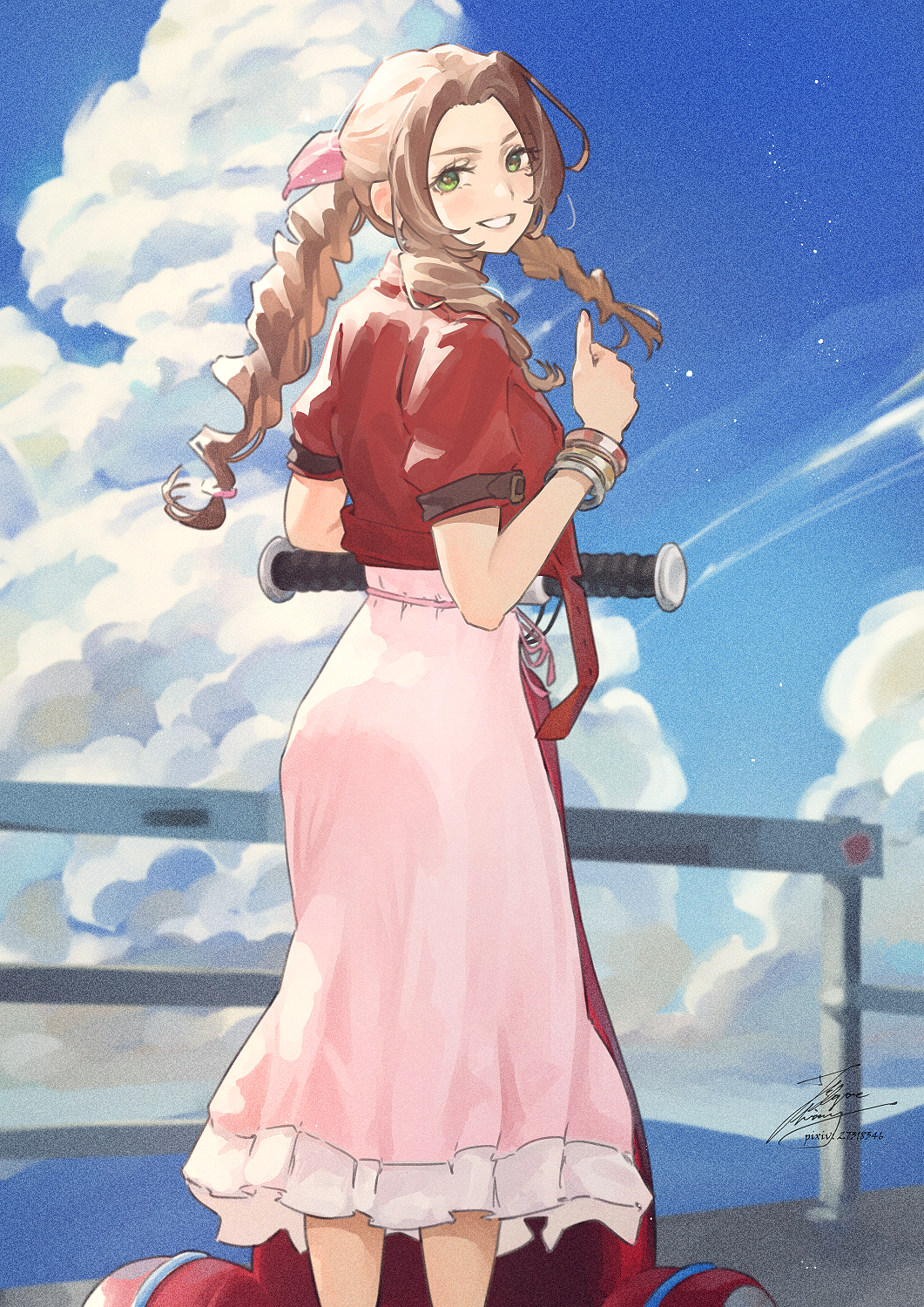 1girl aerith_gainsborough beach blue_sky bow bracelet braid braided_ponytail brown_hair cloud cropped_jacket dress fadingz final_fantasy final_fantasy_vii final_fantasy_vii_rebirth final_fantasy_vii_remake green_eyes hair_bow highres jacket jewelry looking_at_viewer looking_back pink_bow pink_dress railing red_jacket segway sky smile solo