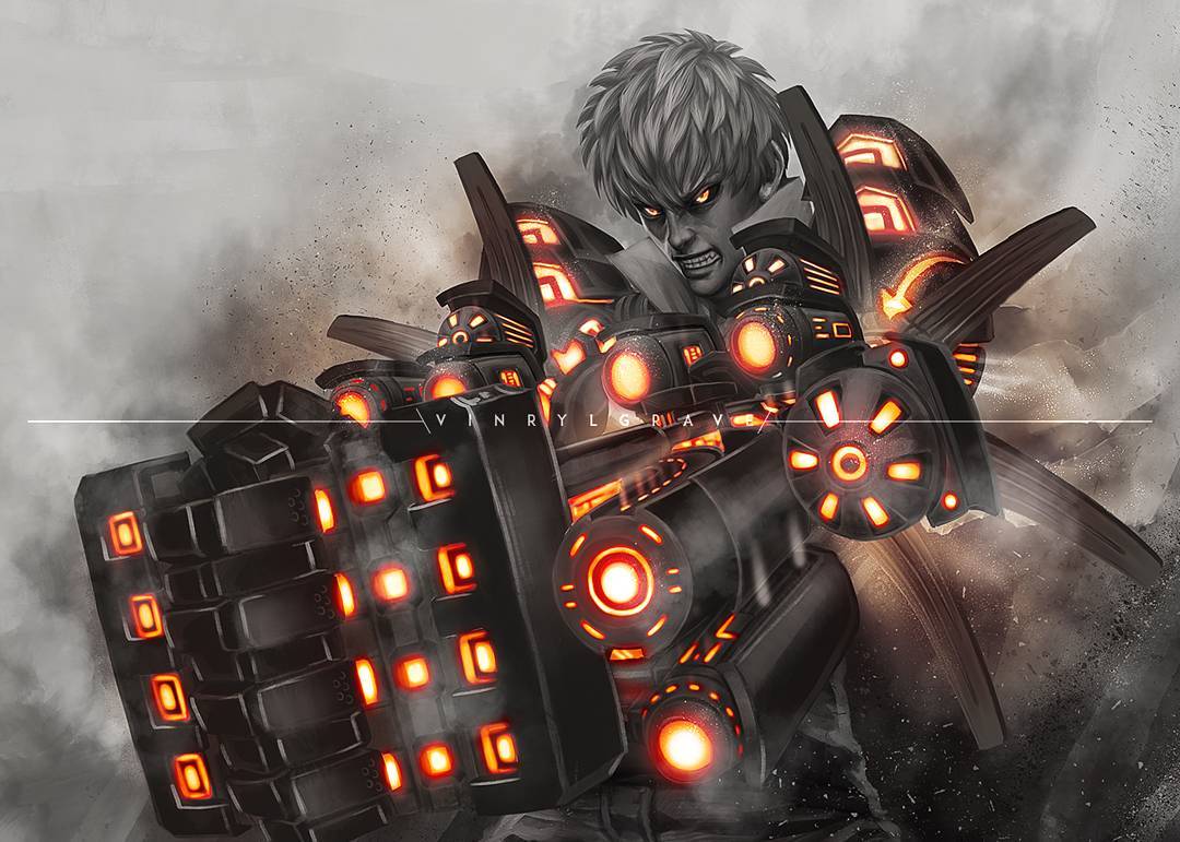 1boy artist_name black_sclera clenched_teeth colored_sclera cyborg genos male_focus one-punch_man orange_eyes short_hair solo teeth vinrylgrave