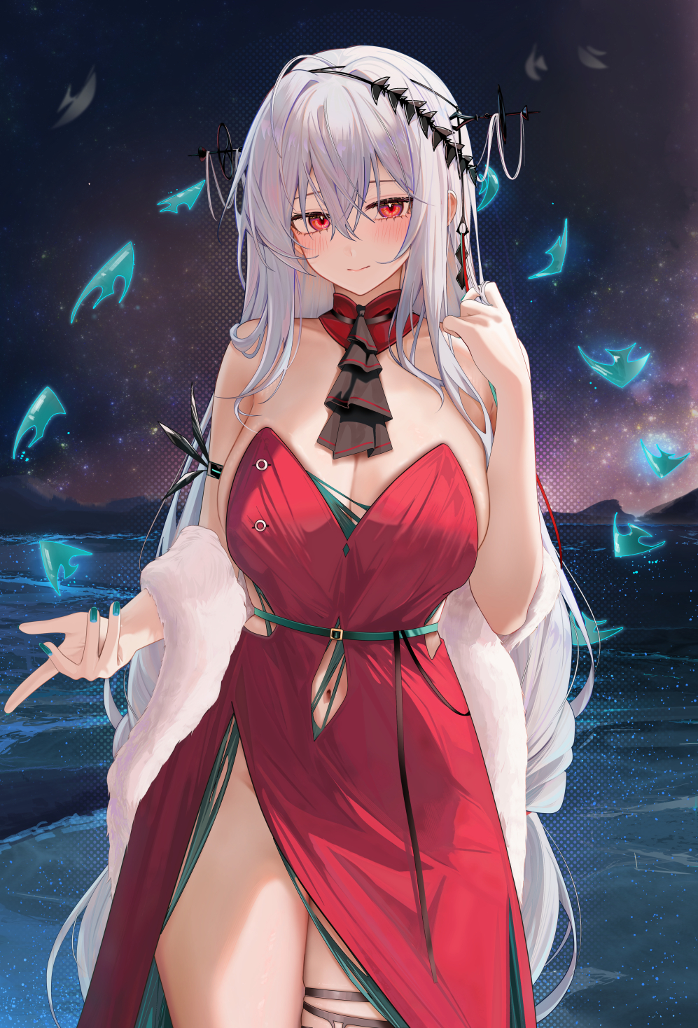 1girl angelfish aqua_nails arknights ascot bare_shoulders black_ascot blush breasts cleavage closed_mouth clothing_cutout commentary_request detached_collar dress feather_boa fingernails fish grey_hair highres large_breasts looking_at_viewer nail_polish navel navel_cutout night night_sky official_alternate_costume red_dress red_eyes ru_zhai side_slit skadi_(arknights) skadi_the_corrupting_heart_(arknights) sky smile solo strapless strapless_dress thighs