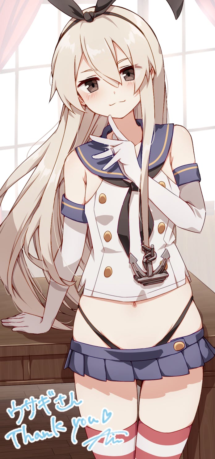 1girl anchor_hair_ornament black_eyes black_neckerchief black_panties blonde_hair blue_skirt blush closed_mouth commission crop_top desk elbow_gloves gloves hair_between_eyes hair_blush hair_ornament highleg highleg_panties highres ice_cream_(aisu_aisu_9898) indoors jewelry kantai_collection long_hair micro_shorts microskirt neckerchief panties pleated_skirt ring sailor_collar shimakaze_(kancolle) shorts single_thighhigh skeb_commission skirt solo striped_clothes striped_thighhighs thighhighs underwear very_long_hair wedding_ring white_gloves window