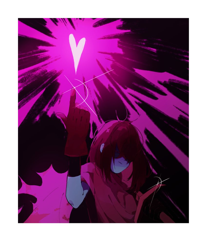 1other black_hair blue_skin border brown_gloves cloak closed_mouth colored_skin deltarune glint gloves glowing glowing_heart hair_over_eyes heart kris_(deltarune) messy_hair naruysae pink_cloak shield short_hair solo white_border