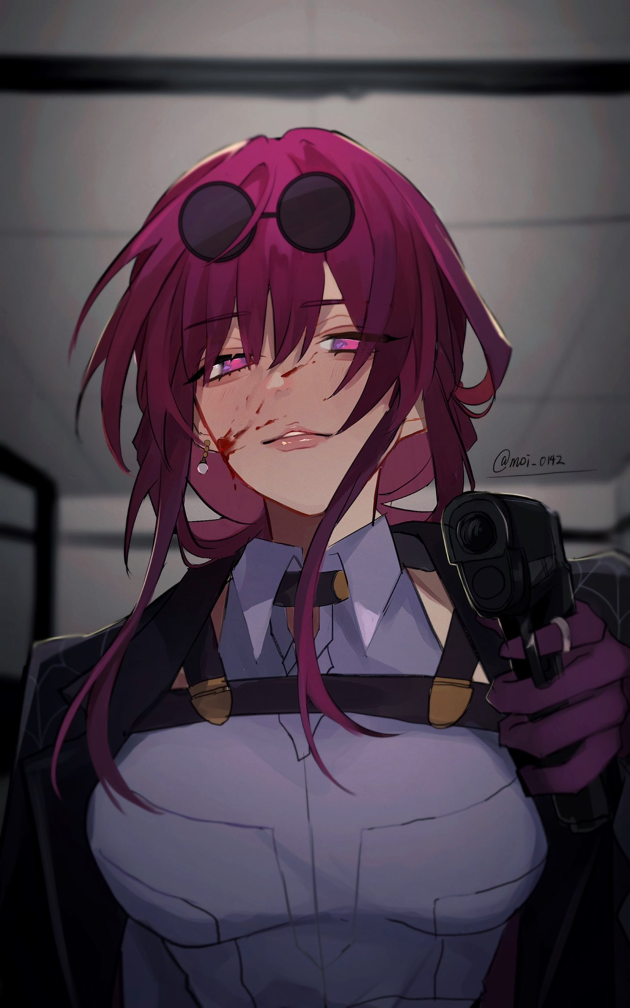 1girl black_jacket blood blood_on_face breasts commentary_request earrings eyewear_on_head gloves gun handgun highres holding holding_gun holding_weapon honkai:_star_rail honkai_(series) indoors jacket jewelry kafka_(honkai:_star_rail) long_hair looking_at_viewer medium_breasts open_clothes open_jacket purple_eyes purple_gloves purple_hair shino_(moi_0142) shirt solo sunglasses upper_body weapon white_shirt