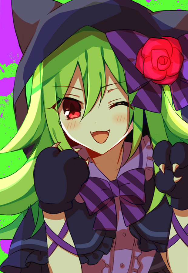 1girl :3 alternate_costume animal_ears animal_hands animal_hood black_hood blue_capelet bluestar_iz bow buttons capelet cat_ears cat_paws collarbone collared_shirt fake_animal_ears fangs flower frilled_shirt frills green_background green_hair hair_bow hood lime_(witch's_heart) long_hair official_art open_mouth paw_pose purple_background purple_bow red_eyes red_flower shirt solo splatter_background striped_bow white_shirt witch's_heart