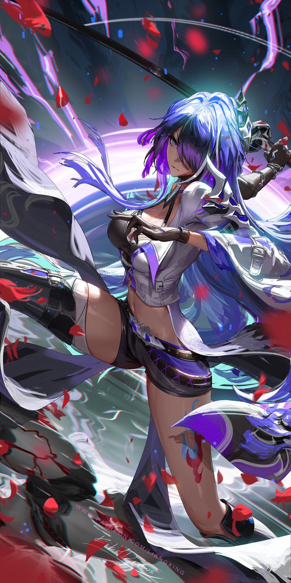 &gt;:( 1girl acheron_(honkai:_star_rail) armor belt black_belt black_gloves black_shorts breasts commentary_request gloves hair_over_one_eye highres holding holding_sword holding_weapon honkai:_star_rail honkai_(series) katana large_breasts leg_tattoo liang_xing long_hair looking_at_viewer midriff navel purple_eyes purple_hair short_shorts shorts shoulder_armor solo stomach sword tattoo thighs v-shaped_eyebrows very_long_hair weapon