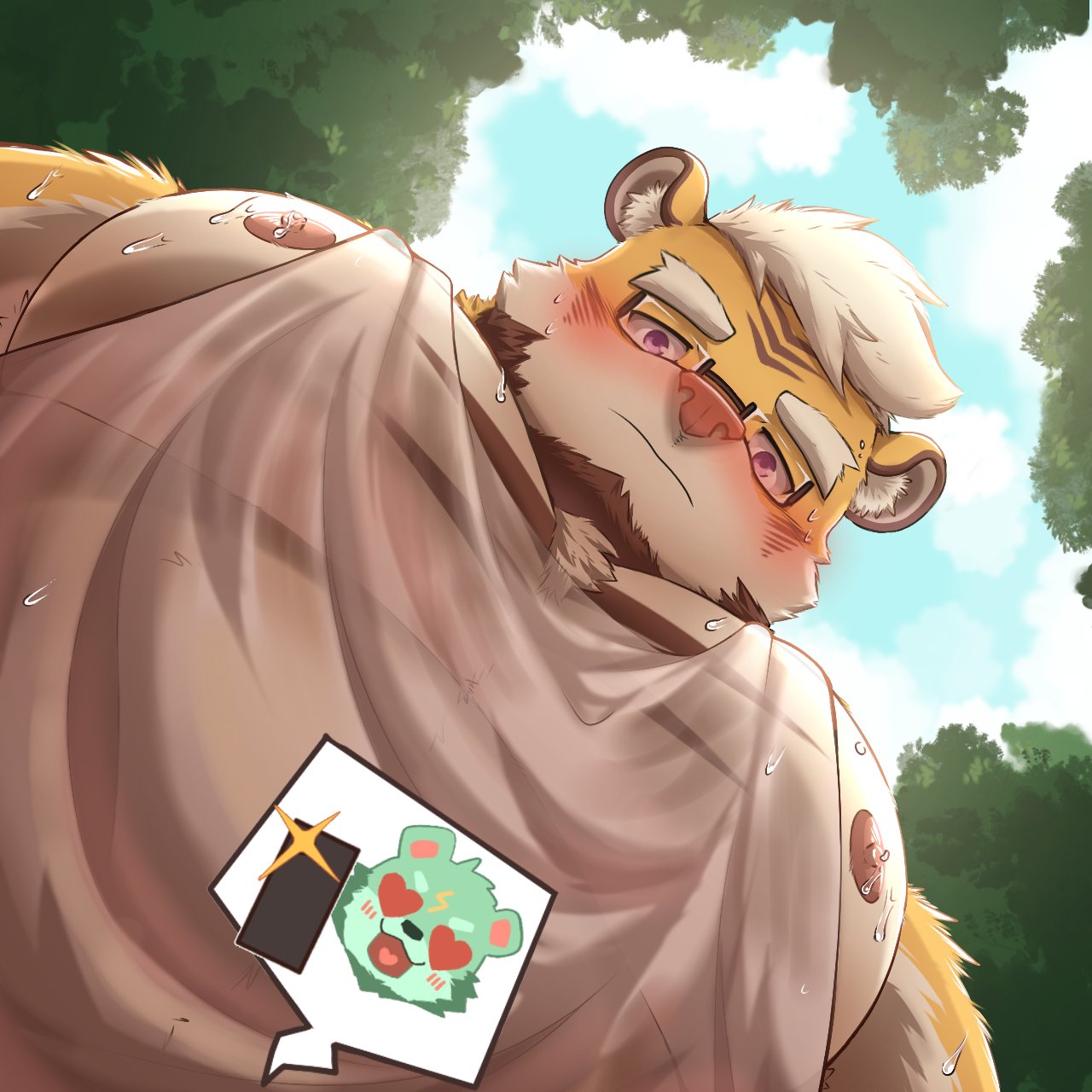 2boys animal_ears bara beard blush facial_hair foreshortening from_below full_beard furry furry_male furry_with_furry glasses heart heart-shaped_pupils highres large_pectorals looking_at_viewer looking_down male_focus meme multiple_boys muscular muscular_male nipple_slip nipples noichi_53 orange_fur original pectoral_cleavage pectoral_focus pectorals photo-referenced second-party_source short_hair shy sidepec solo_focus sweaty_clothes symbol-shaped_pupils taking_picture tank_top thick_eyebrows tiger_boy tiger_ears upper_body white_fur yaoi yur_oc_like_this_(meme)