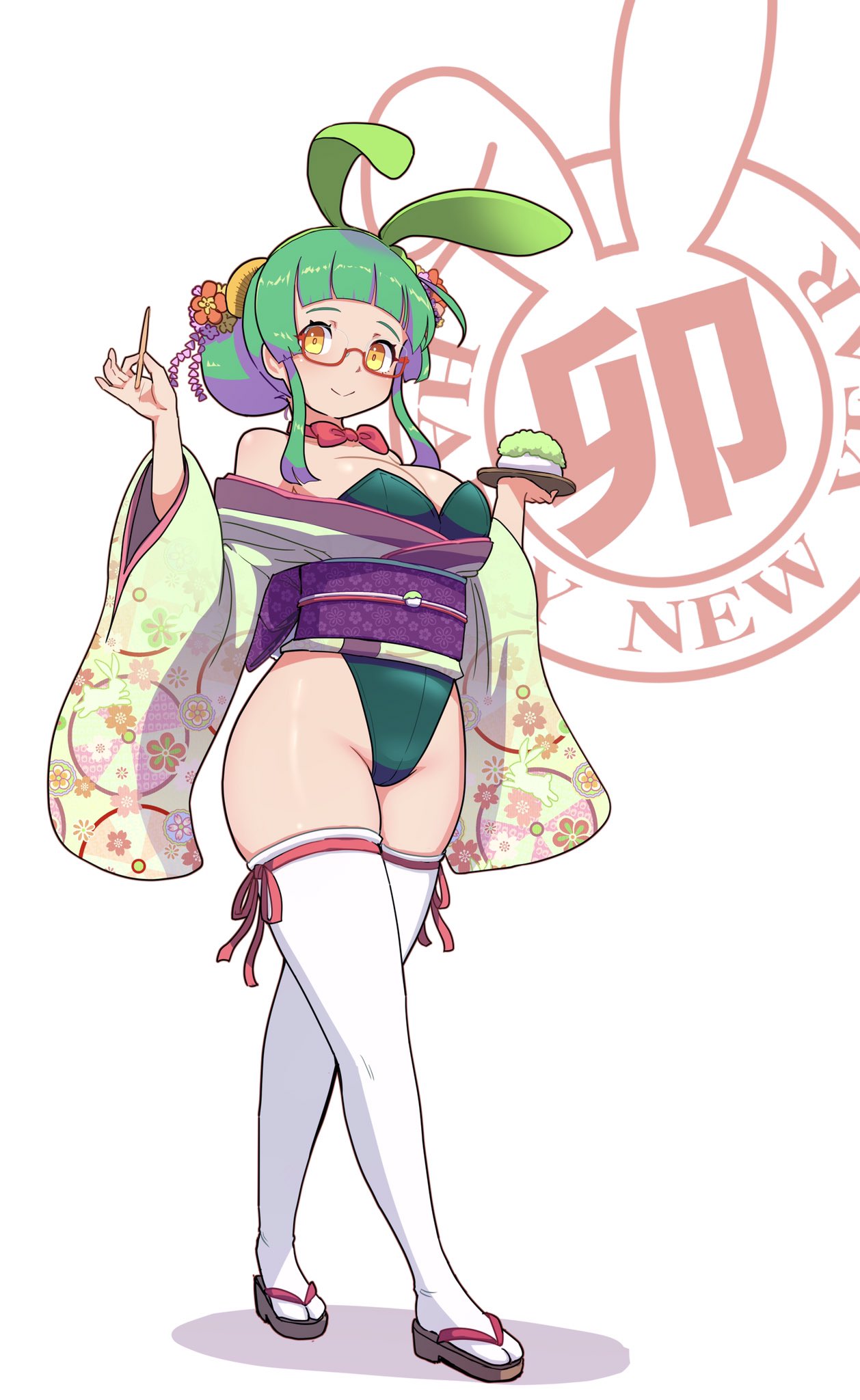 1girl alternate_costume alternate_hairstyle animal_ears bespectacled blunt_bangs blush bow bowtie breasts chinese_zodiac cleavage closed_mouth fake_animal_ears full_body furisode glasses green_kimono green_leotard hair_bun hair_ornament happy_new_year highleg highleg_leotard highres holding holding_tray japanese_clothes kanzashi kimono kimutomo_2 large_breasts leotard looking_at_viewer rabbit_ears red_bow red_bowtie sandals short_kimono sidelocks simple_background single_hair_bun smile solo strapless strapless_leotard thighhighs thighs toothpick touhoku_zunko tray voiceroid w_arms wa_bunny walking white_background white_thighhighs wide_hips wide_sleeves year_of_the_rabbit zouri zunda_mochi