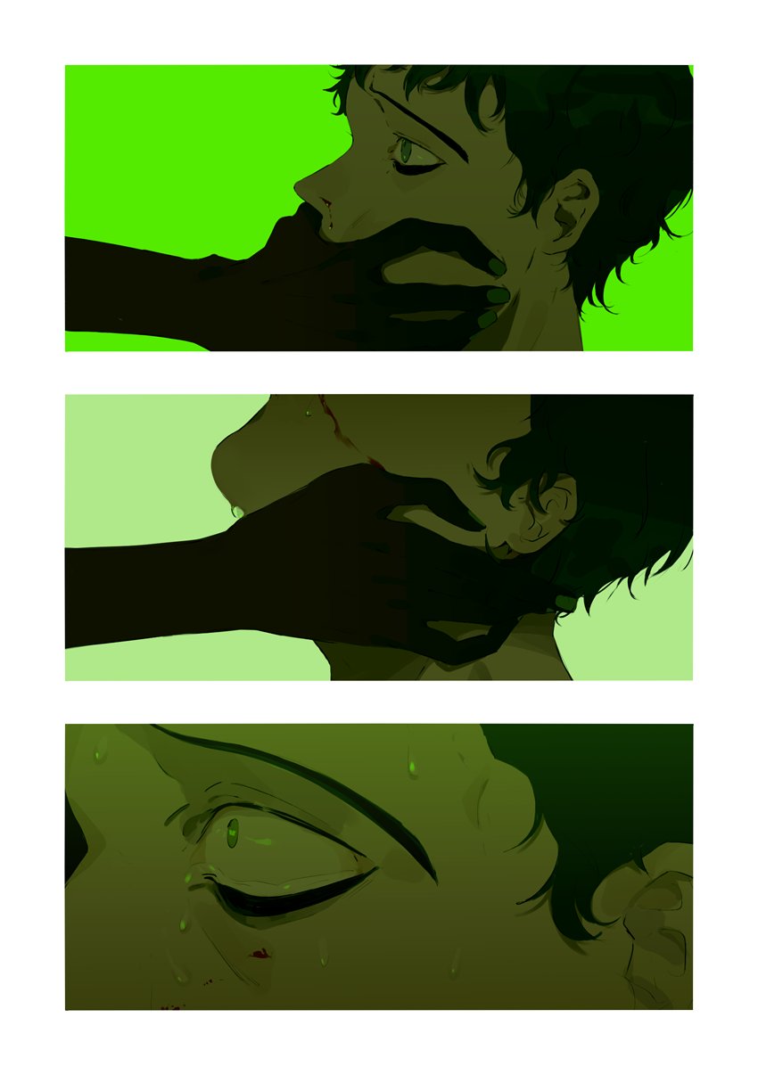 2boys bags_under_eyes black_hair blood commentary covering_another's_mouth crying english_commentary green_eyes green_theme hand_on_another's_face highres killing_stalking male_focus multiple_boys naruysae nosebleed oh_sangwoo out_of_frame scared short_hair tears unusually_open_eyes yaoi yoon_bum
