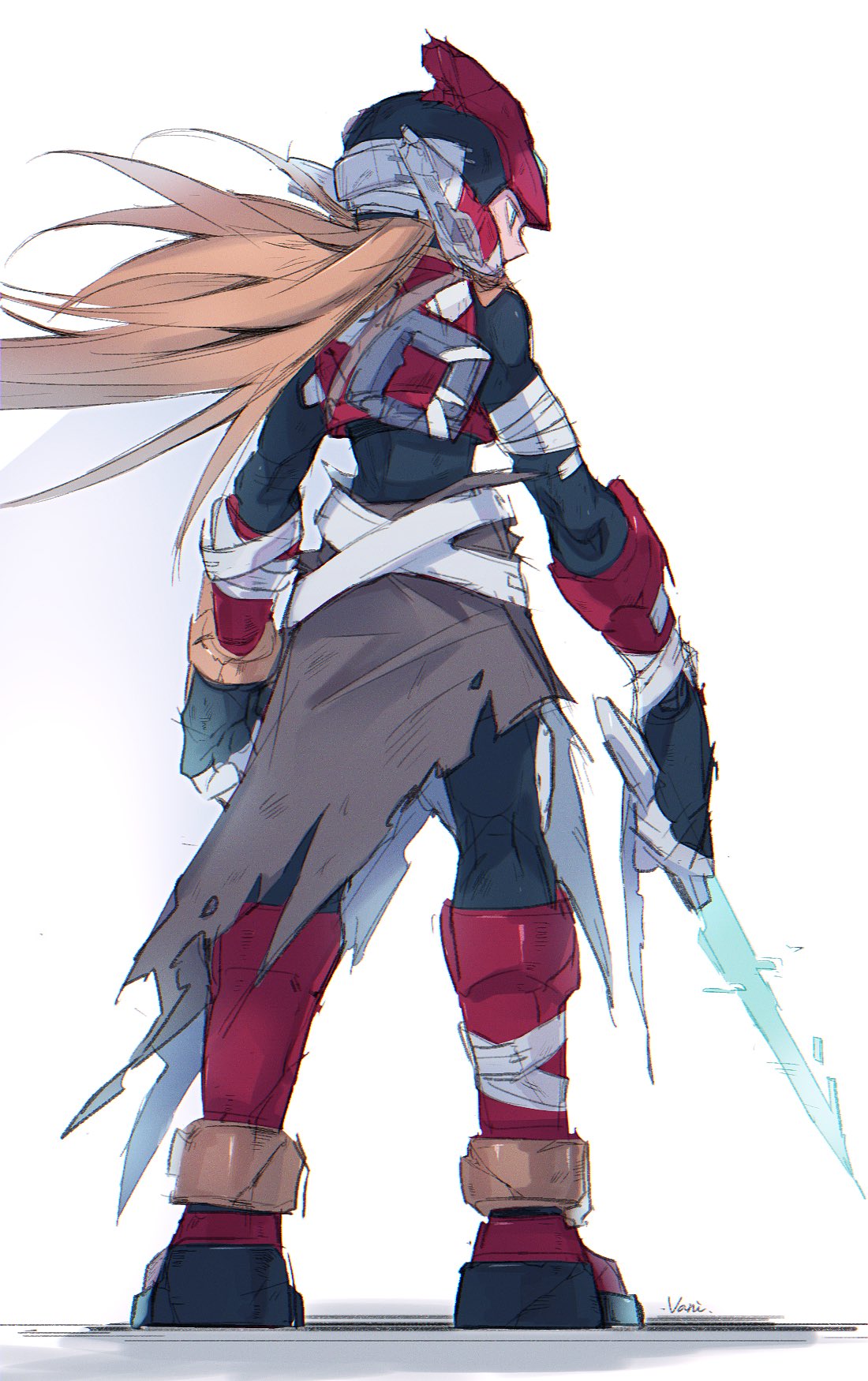 1boy armor artist_name battle_damage black_bodysuit blonde_hair bodysuit boots damaged energy_sword forehead_jewel from_behind full_body gun gun_on_back highres holding holding_sword holding_weapon long_hair looking_to_the_side mega_man_(series) mega_man_zero_(series) red_footwear red_helmet simple_background sketch solo sword vani_(hisha_04) weapon weapon_on_back white_background z_saber zero(z)_(mega_man) zero_(mega_man)