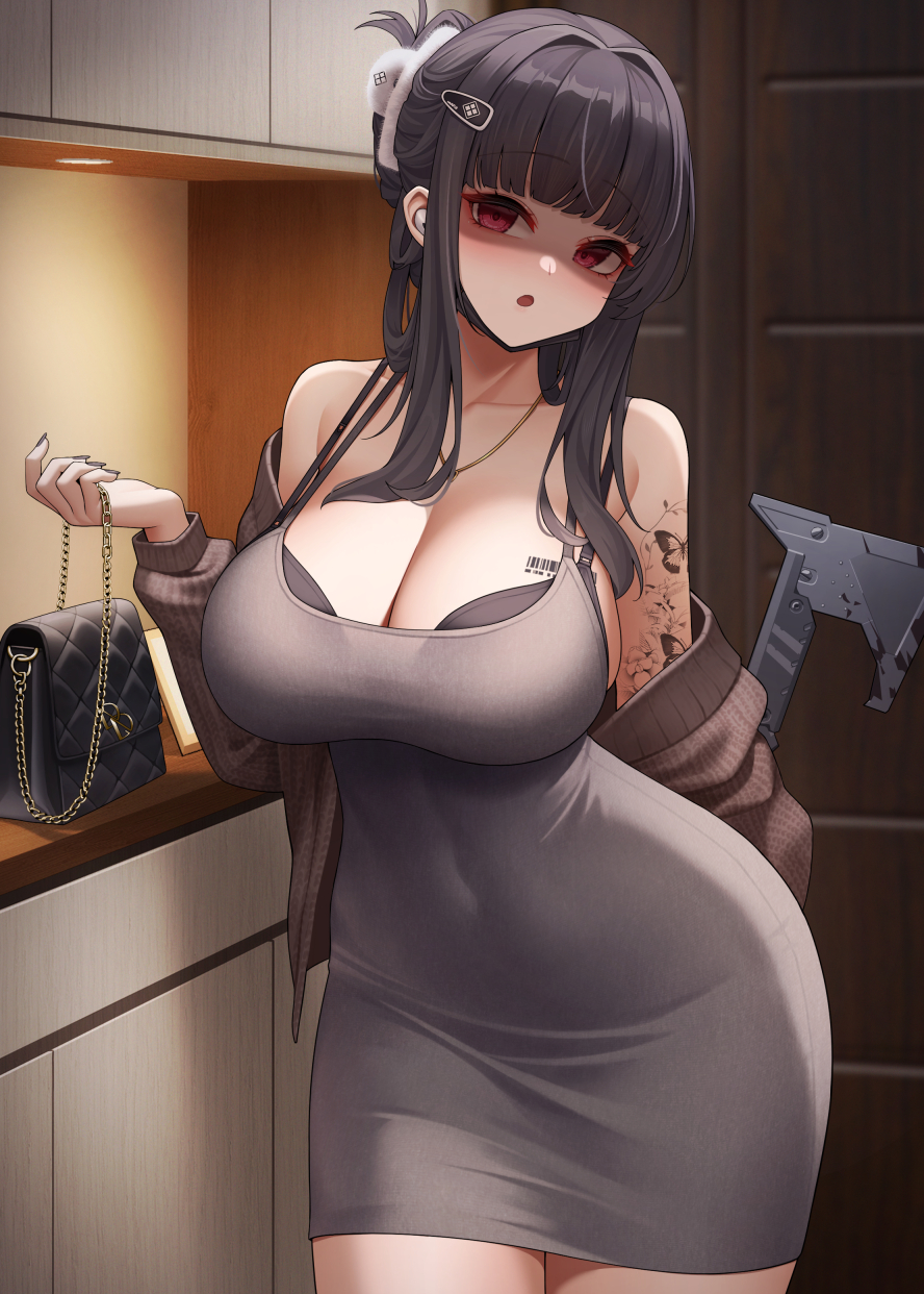 1girl arm_tattoo bare_shoulders black_bra black_hair blunt_bangs blush bra bra_peek breast_tattoo breasts brown_jacket cleavage collarbone covered_navel d_(killer_wife)_(nikke) d_(nikke) dress goddess_of_victory:_nikke grey_dress hair_ornament hairclip half_updo highres jacket jewelry large_breasts long_hair long_sleeves looking_at_viewer necklace off_shoulder open_mouth red_eyes shaded_face sidelocks solo tattoo underwear wei_xiao