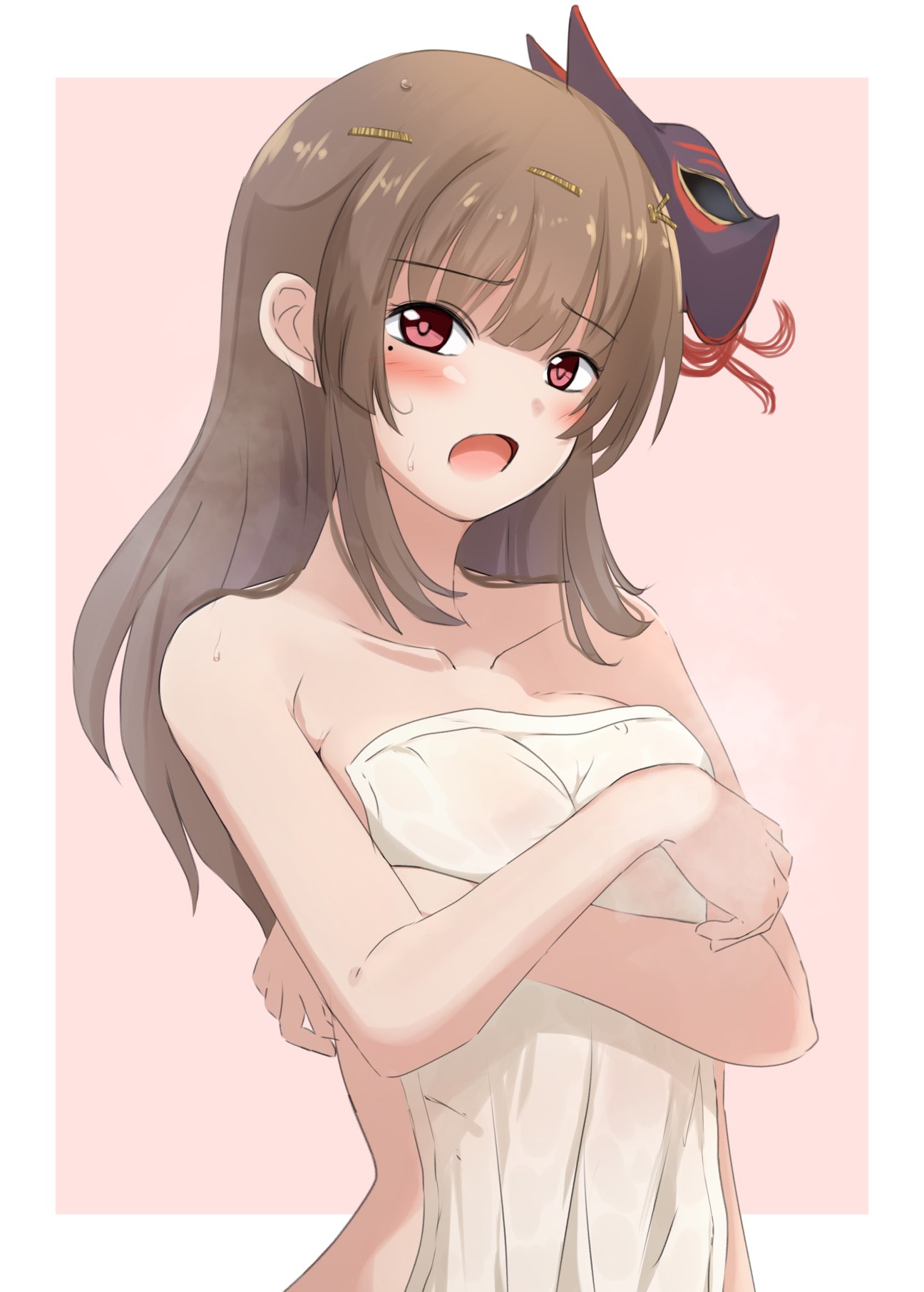 1girl bare_arms bare_shoulders blunt_bangs blush border breasts brown_hair collarbone commentary_request covered_nipples covering_breasts covering_privates crossed_arms curvy embarrassed eyes_visible_through_hair fox_mask heaven_burns_red highres kiryuu_miya lelie_(lelie_link) long_hair looking_at_viewer mask mask_on_head medium_breasts mole mole_under_eye naked_towel open_mouth pink_background red_eyes sidelocks simple_background solo straight_hair towel tsurime upper_body wet white_border