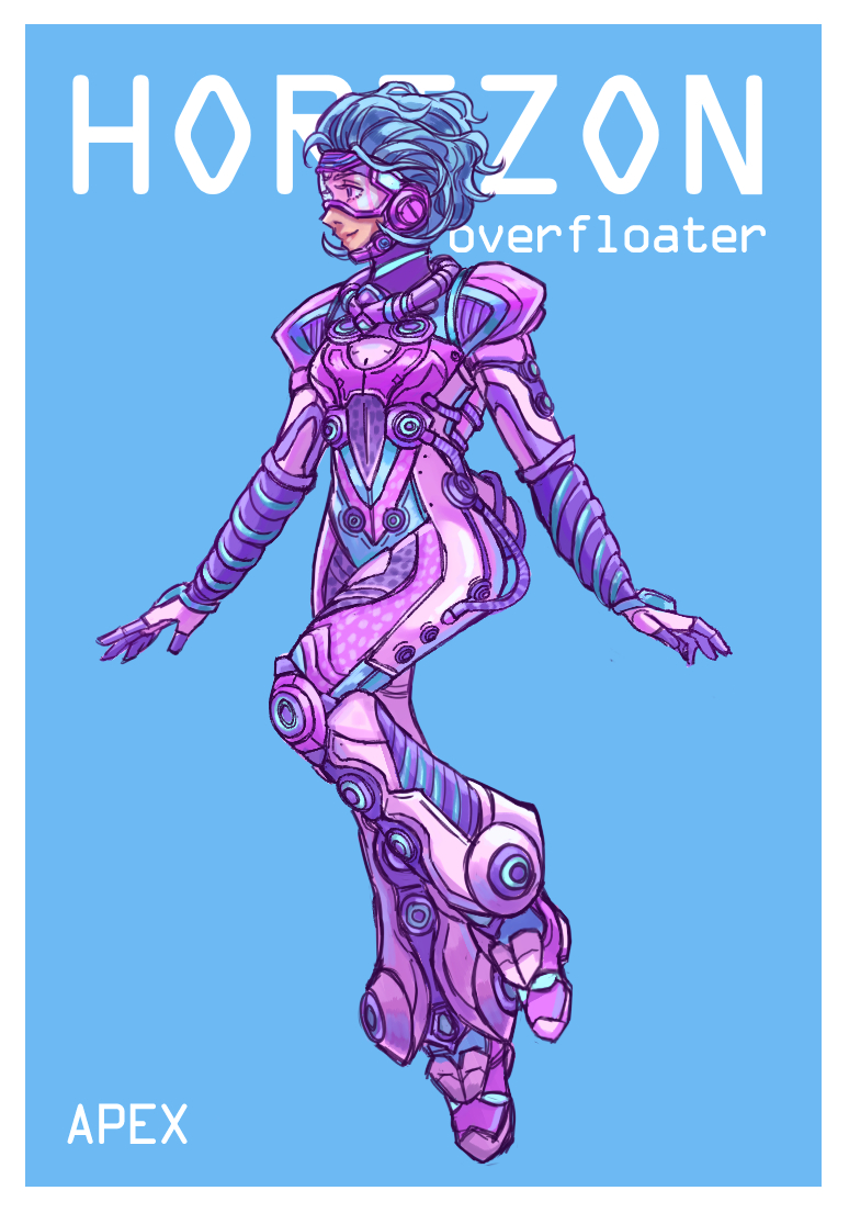 1girl apex_legends blue_eyes blue_hair bodysuit boots cable character_name floating full_body gloves hair_slicked_back horizon_(apex_legends) mikepo official_alternate_costume overfloater_horizon pink_bodysuit pink_gloves pink_lips purple_footwear short_hair smile solo
