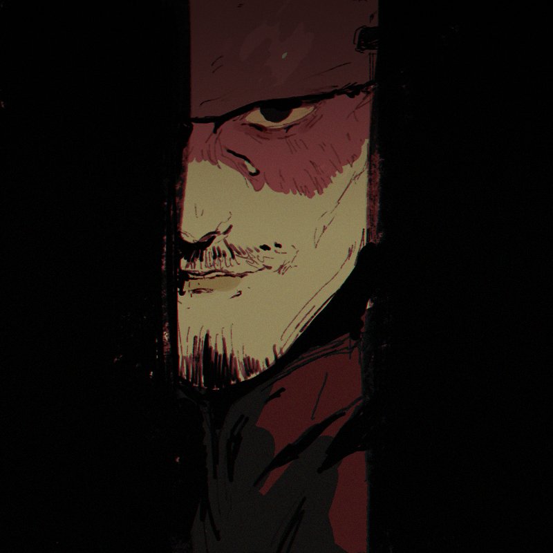 1boy black_eyes commentary doorway english_commentary facial_hair goatee golden_kamuy limited_palette looking_at_viewer male_focus mask mustache naruysae parted_lips peeking scar scar_on_face solo sweatdrop tsurumi_tokushirou