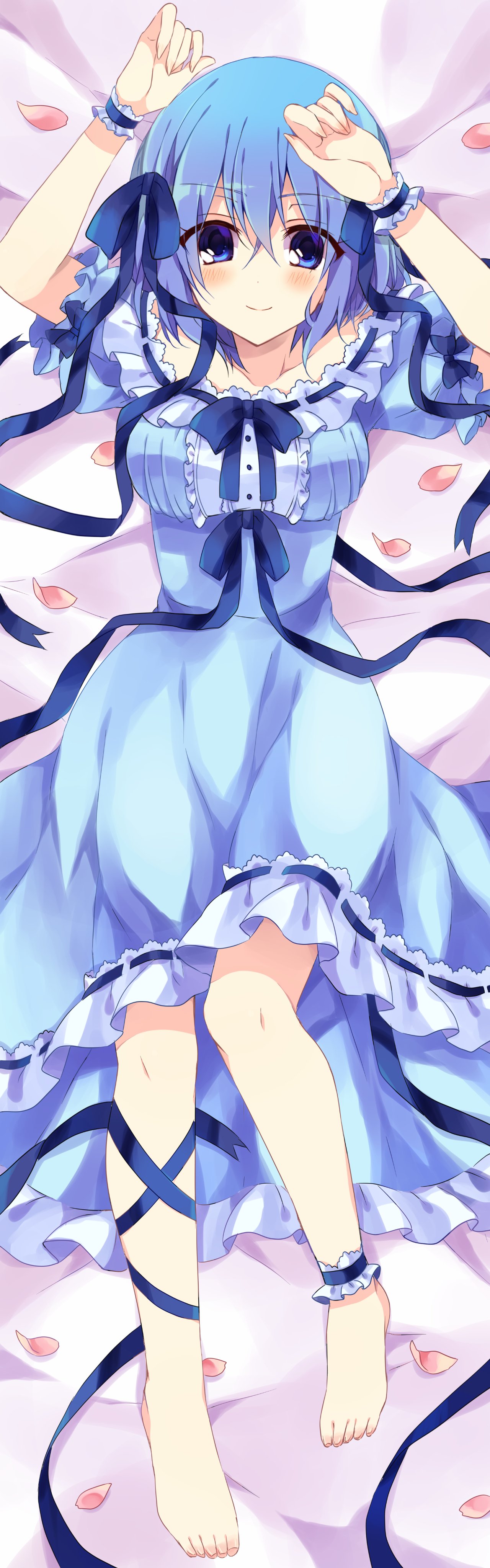 1girl absurdres alternate_costume barefoot bed_sheet blue_dress blue_ribbon bluestar_iz breasts claire_elford collarbone dakimakura_(medium) dress feathers frilled_dress frilled_wrist_cuffs frills full_body hair_between_eyes hair_ribbon hands_up highres large_breasts leg_ribbon light_blush looking_at_viewer official_art pink_feathers ribbon short_hair smile solo thigh_ribbon witch's_heart wrist_cuffs
