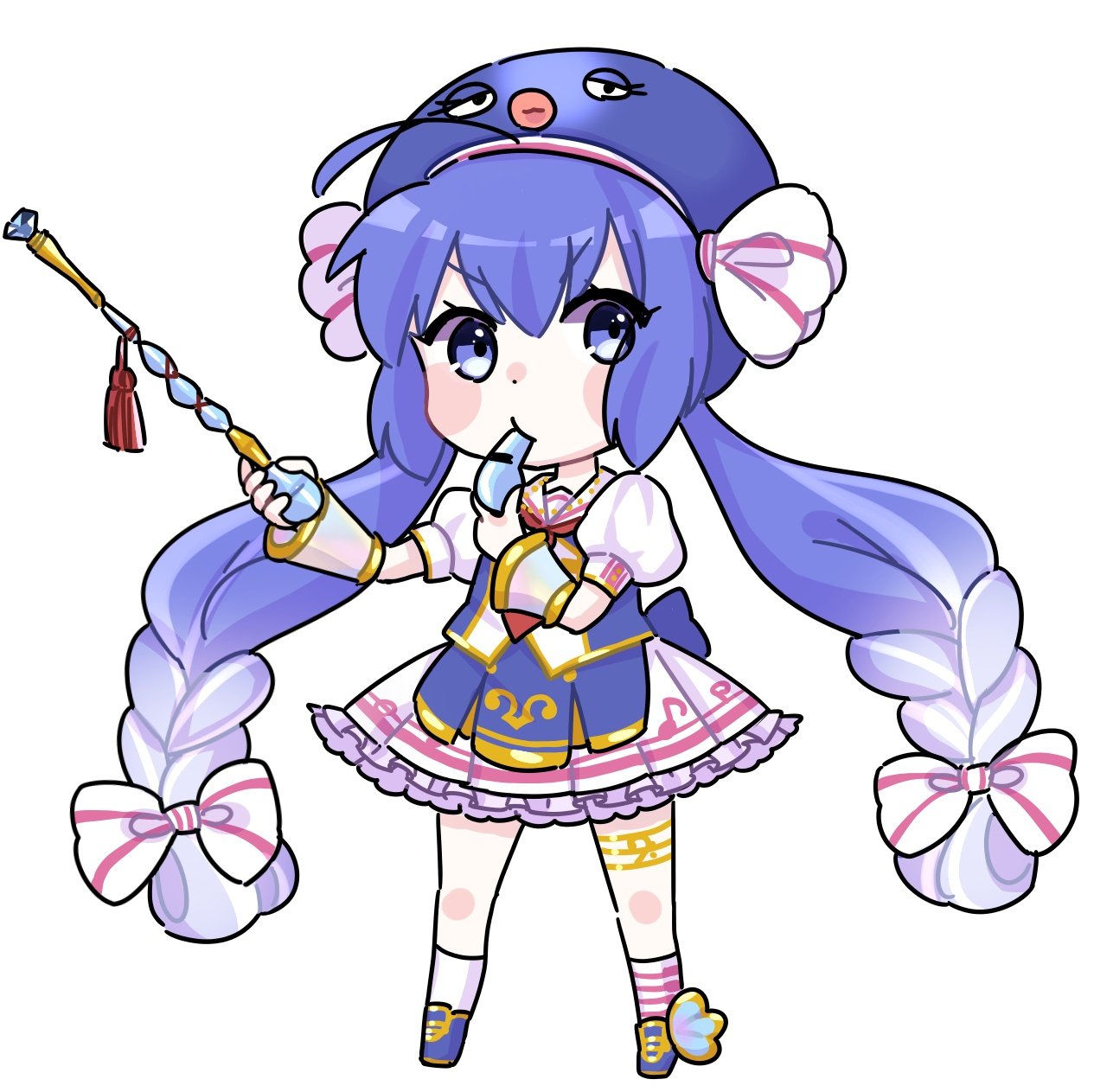 1girl ahoge blowing_whistle blue_eyes blue_footwear blue_hair blue_hat blue_vest blush_stickers chibi conductor_baton detached_sleeves eel_hat frilled_skirt frills full_body gradient_hair highres holding holding_baton holding_whistle kawasaki_(5s5_g) long_hair looking_at_viewer low_twintails mismatched_socks multicolored_hair necktie otomachi_una otomachi_una_(sugar) piano_print print_socks puffy_short_sleeves puffy_sleeves red_necktie shoes short_sleeves simple_background skirt socks solo standing thigh_strap twintails v-shaped_eyebrows very_long_hair vest vocaloid whistle white_background white_hair white_skirt white_socks