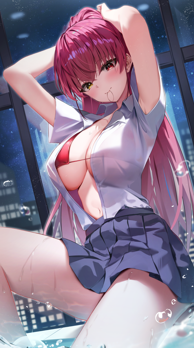 1girl alternate_costume bikini bikini_under_clothes black_skirt blush breasts cleavage hair_between_eyes hair_tie_in_mouth heterochromia highres hololive houshou_marine indoors large_breasts long_hair looking_at_viewer mouth_hold navel night night_sky pleated_skirt ponytail red_bikini red_eyes red_hair shirt short_sleeves shuvi_(shuvi1125) skirt sky solo swimsuit thighs tying_hair virtual_youtuber wet wet_clothes white_shirt yellow_eyes