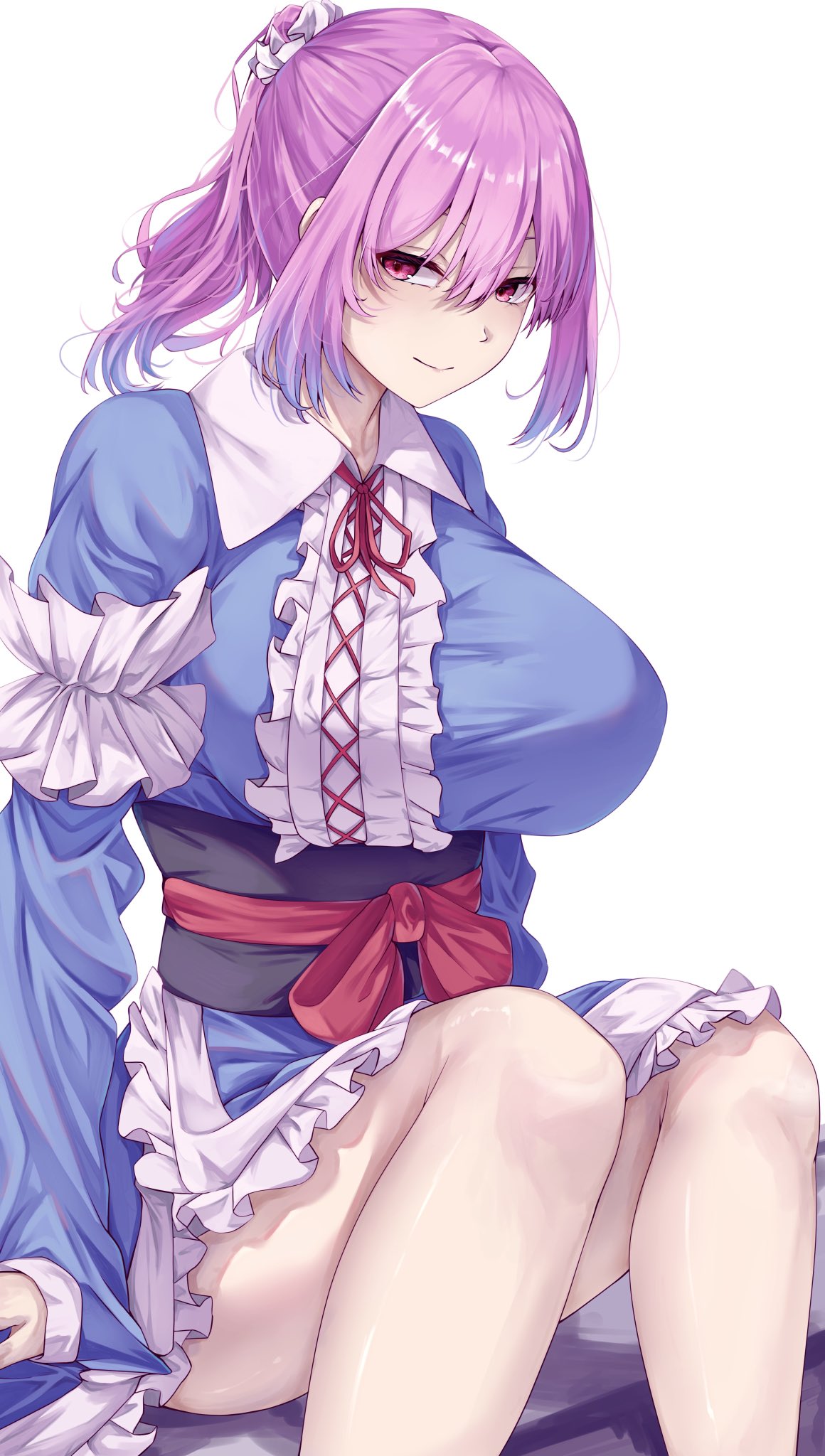 1girl alternate_hairstyle blue_dress blue_kimono breasts dress feet_out_of_frame frilled_kimono frilled_sleeves frills gradient_hair highres japanese_clothes kimono large_breasts looking_at_viewer mirufui multicolored_hair pink_hair saigyouji_yuyuko simple_background sitting solo touhou white_background