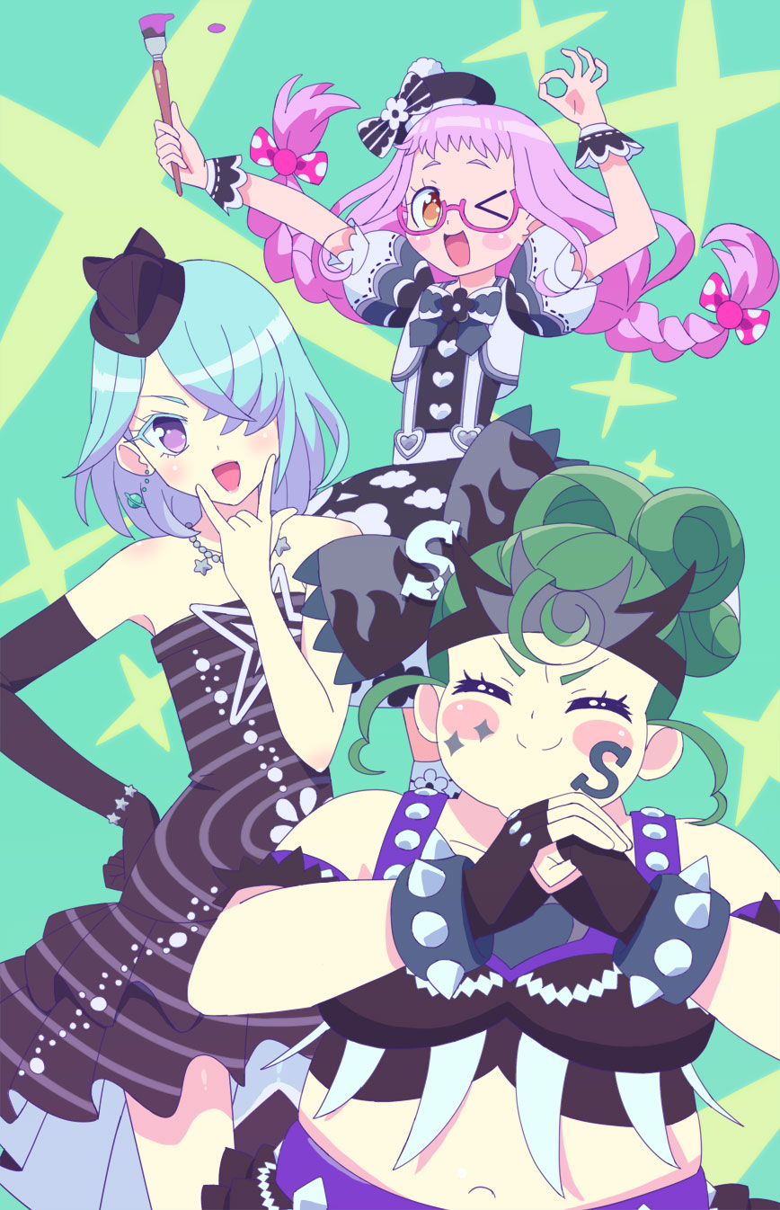 &gt;_o 3girls :d \m/ arms_up bare_shoulders beret black_dress black_gloves black_shirt blue_hair bow bracelet braid breasts closed_eyes closed_mouth dress earrings elbow_gloves facial_mark facing_viewer fat glasses gloves green_background green_hair hair_bow hair_over_one_eye hand_on_own_hip hand_up hat highres hojo_cosmo holding holding_paintbrush idol_clothes jewelry kiki_ajimi ku_(residual666) large_breasts long_hair looking_at_viewer multiple_girls nabeshima_chanko navel necklace ok_sign one_eye_closed open_mouth own_hands_together paintbrush pink-framed_eyewear pink_hair polka_dot polka_dot_bow pretty_series pripara purple_eyes shirt short_hair smile sparkle spiked_bracelet spikes standing twin_braids v-shaped_eyebrows wrist_cuffs
