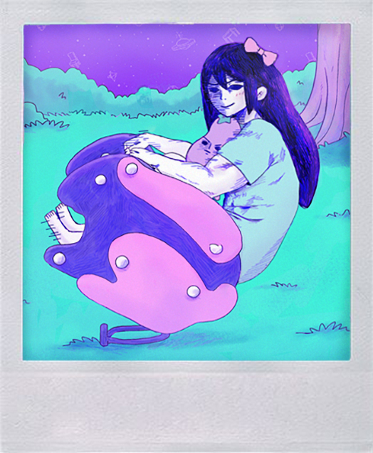 1girl aqua_dress aubrey_(headspace)_(omori) aubrey_(omori) barefoot blush bow bright_pupils colored_skin commentary dress english_commentary full_body grass hair_between_eyes hair_bow hollow_eyes long_hair looking_at_viewer muscular omocat_(style) omori outdoors parody pink_bow purple_hair purple_sky sapgoon short_sleeves sitting sky smile solo stuffed_eggplant stuffed_toy style_parody tree white_skin