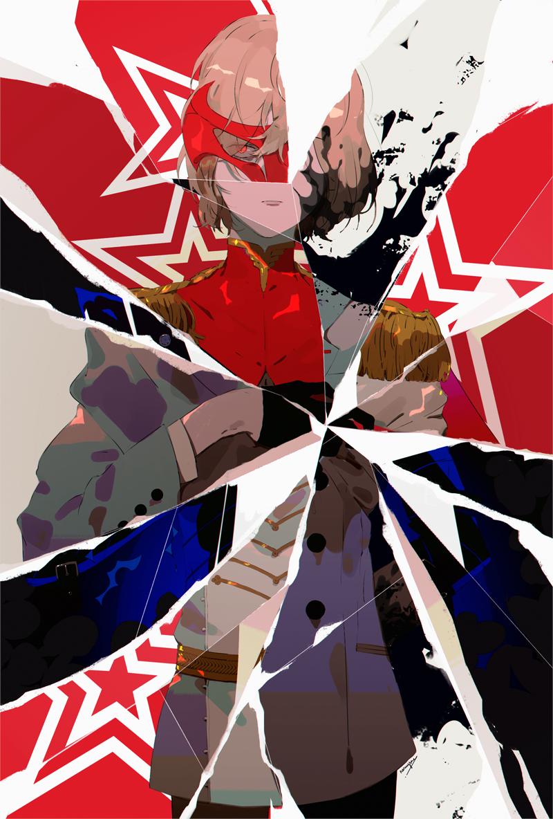 1boy akechi_gorou black_blood black_gloves blood blood_on_face brown_hair closed_mouth commentary english_commentary eye_mask gloves grey_jacket jacket long_sleeves male_focus mask naruysae persona persona_5 red_eyes short_hair shoulder_pads solo torn_paper white_jacket