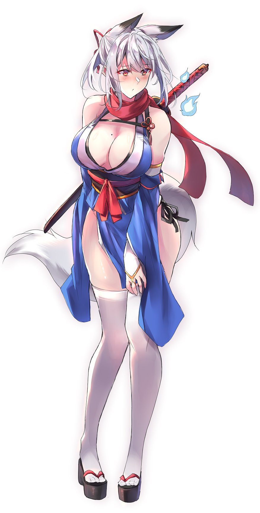 1girl animal_ears bare_shoulders breasts cleavage detached_sleeves fingerless_gloves fox_ears fox_girl fox_tail full_body gloves hair_ornament highres hitodama knot mole mole_on_breast orange_eyes pelvic_curtain red_scarf revealing_clothes sandals sawaya_(mizukazu) scarf side-tie_peek simple_background tail thighhighs weapon white_background white_hair white_thighhighs wide_sleeves