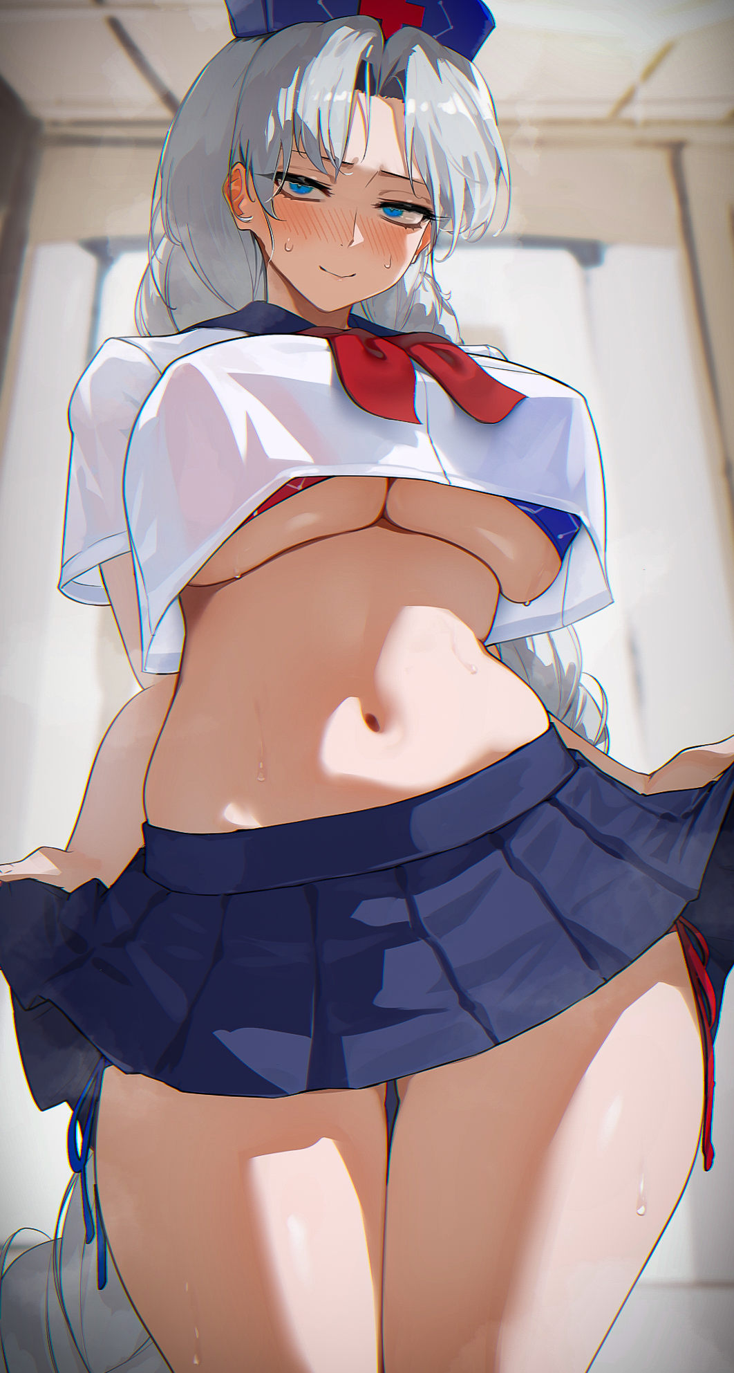 1girl alternate_costume blue_eyes blue_sailor_collar blue_skirt blush breasts crop_top curtsey grey_hair hat highres kashu_(hizake) large_breasts long_hair midriff miniskirt neckerchief nurse_cap pleated_skirt red_neckerchief sailor_collar school_uniform serafuku skirt solo stomach touhou underboob yagokoro_eirin