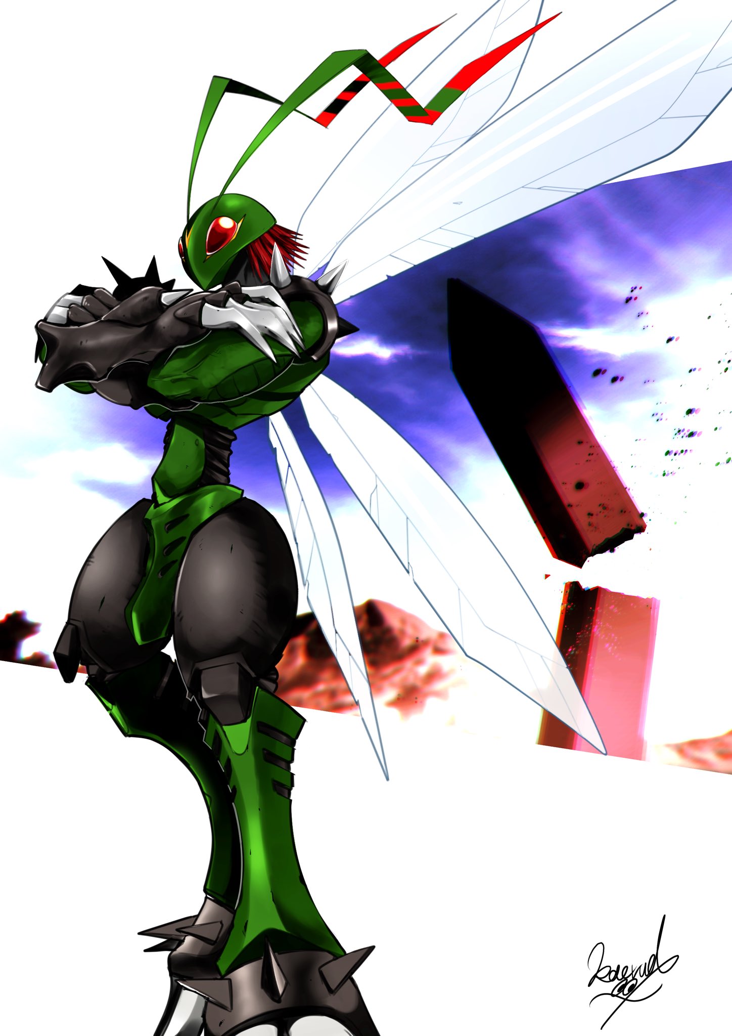 1boy antennae arm_mounted_weapon bug colored_skin crossed_arms digimon digimon_adventure_02 green_skin highres kaeru_dx multiple_wings obelisk red_hair sharp_teeth short_hair shoulder_spikes signature solo spikes standing stingmon sunrise teeth wings