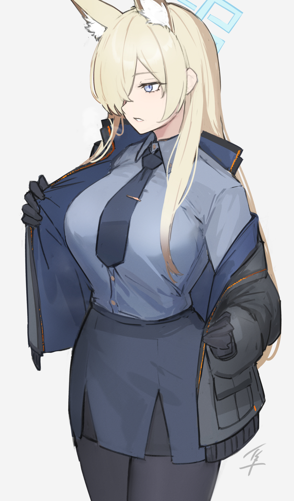 1girl animal_ear_fluff black_gloves black_jacket black_necktie blonde_hair blue_archive blue_eyes blue_halo blue_shirt blue_skirt breasts gloves grey_background hair_over_one_eye halo hayabusa highres jacket kanna_(blue_archive) large_breasts long_hair necktie parted_lips shirt simple_background skirt solo