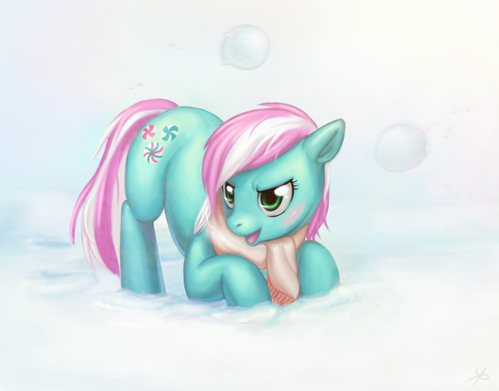 cool_colors cutie_mark ducking equine female g3 green_body green_eyes grin hair hasbro horse lucky mammal minty minty_(mlp) mooflz multi-colored_hair my_little_pony pink_hair pony scarf snow snowball snowball_fight solo two_tone_hair unknown_artist white_hair