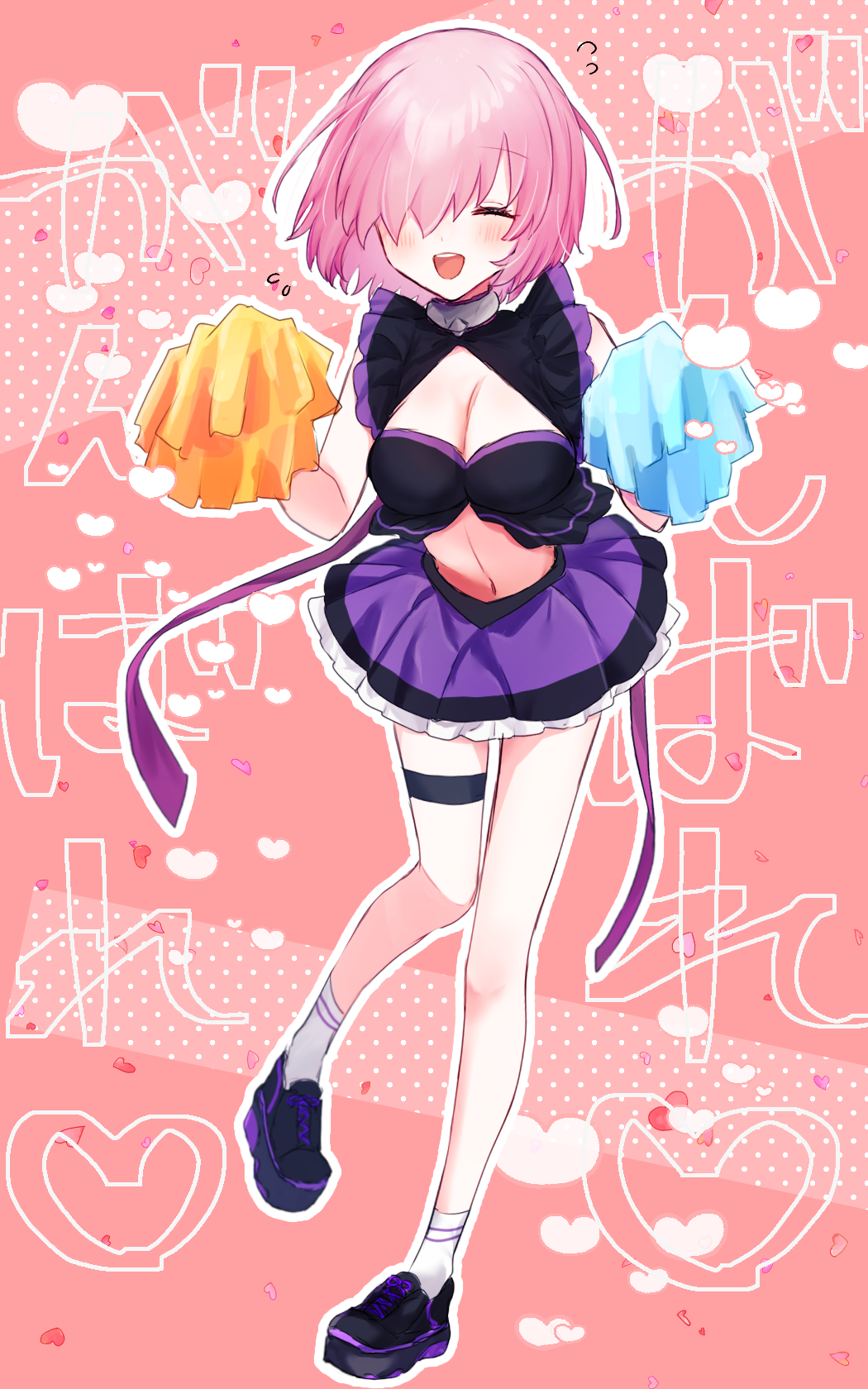 1girl :d adapted_costume black_footwear blush breasts cheerleader cleavage cleavage_cutout closed_eyes clothing_cutout facing_viewer fate/grand_order fate_(series) harukappa highres layered_skirt mash_kyrielight medium_breasts medium_hair midriff miniskirt navel outline pink_background pink_hair pleated_skirt pom_pom_(cheerleading) purple_skirt skirt smile socks solo stomach straight_hair thigh_gap thigh_strap white_outline white_socks