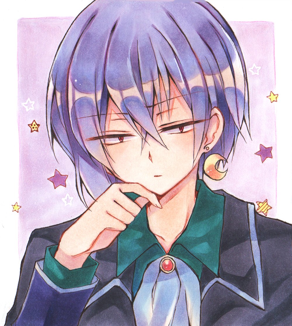 1boy ascot black_shirt bluestar_iz border closed_mouth collarbone collared_shirt crescent crescent_earrings earrings expressionless finger_to_cheek hair_between_eyes jewelry jitome looking_at_viewer male_focus official_art painting_(medium) purple_background purple_hair red_eyes shirt short_hair sirius_gibson small_pupils solo traditional_media watercolor_(medium) white_ascot white_border witch's_heart