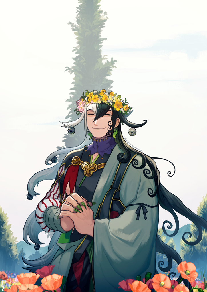 1boy artist_name ashiya_douman_(fate) asymmetrical_clothes asymmetrical_hair bell black_eyes black_hair curly_hair dated earrings evil_smile fate/grand_order fate_(series) field fingernails flower flower_field flower_wreath green_kimono green_nails hadanugi_dousa hair_bell hair_between_eyes hair_ornament half-closed_eyes head_wreath japanese_clothes jewelry kimono long_hair long_sleeves looking_at_viewer magatama magatama_earrings male_focus multicolored_hair open_clothes open_kimono outdoors own_hands_clasped own_hands_together poppy_(flower) red_flower red_pupils ribbed_sleeves sharp_fingernails smile solo split-color_hair starrytree tree two-tone_hair upper_body very_long_fingernails very_long_hair white_hair wide_sleeves wreath yellow_flower