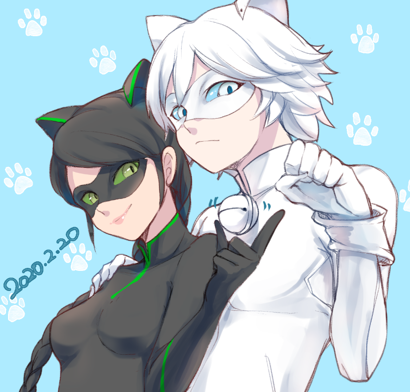 1boy 1girl adrien_agreste animal_ears bell black_bodysuit black_hair black_mask blue_background blue_eyes bodysuit braid cat_boy cat_ears cat_girl chat_blanc closed_mouth green_eyes jingle_bell lady_noir long_hair marinette_dupain-cheng mask miraculous_ladybug paw_pose simple_background single_braid slit_pupils smile superhero_costume tomm0515 upper_body white_background white_bodysuit white_hair white_mask