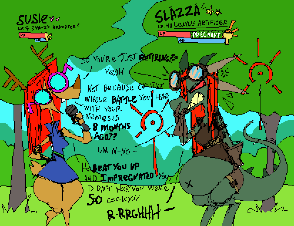 animated anthro artificer belly big_belly clothing dialogue dress duo electronics eyewear female gameplay_mechanics glasses goggles grass horn interview microphone plant pregnant red_eyes reporter roksim shrub tail tree