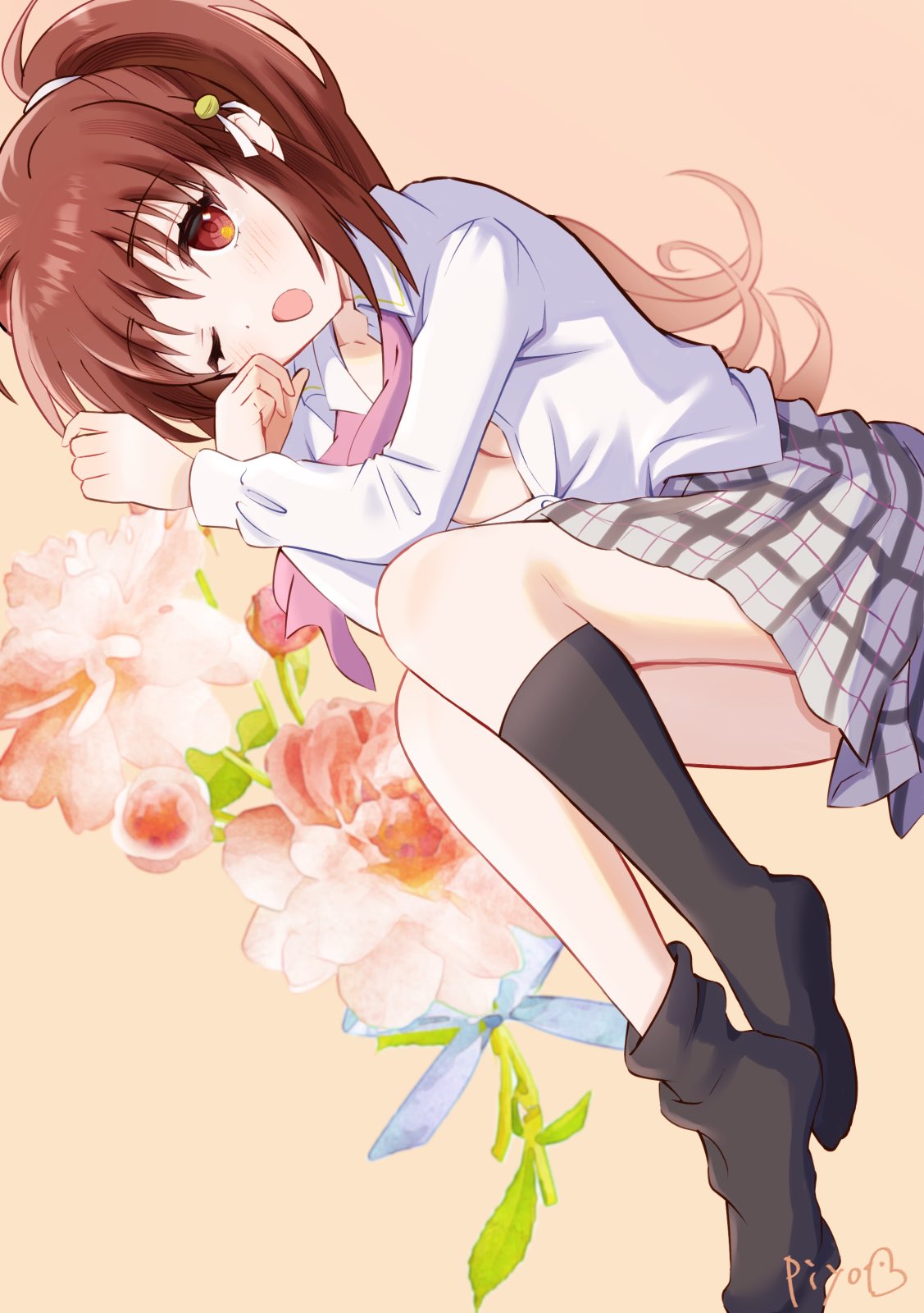 1girl ;o bell black_socks blush brown_eyes brown_hair collared_shirt commentary_request dutch_angle eyelashes floral_background flower full_body grey_skirt hair_between_eyes highres jingle_bell kneehighs light_brown_background little_busters! little_busters!_school_uniform long_hair long_sleeves looking_at_viewer lying miniskirt natsume_rin neck_bell neck_ribbon no_shoes on_side one_eye_closed open_clothes open_mouth open_shirt partially_unbuttoned pink_flower pink_ribbon piyo_(kinkooo333) pleated_skirt ponytail ribbon school_uniform shirt signature simple_background skirt sleepy socks solo white_shirt yawning