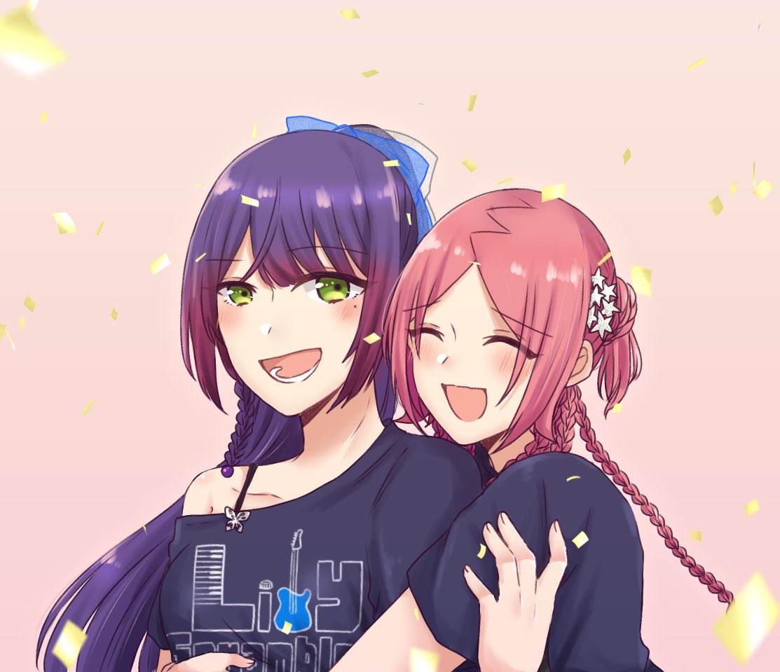 2girls :d ^_^ assault_lily black_shirt blue_bow blush bow braid braided_bun breasts closed_eyes clothes_writing collarbone commentary_request confetti funada_kiito green_eyes hair_bow hair_bun hair_ornament hand_on_another's_arm hand_up high_ponytail hug hug_from_behind long_hair looking_at_viewer lower_teeth_only medium_breasts mole mole_under_eye multiple_braids multiple_girls nigari_(ngari_0115) off_shoulder official_alternate_costume official_alternate_hairstyle open_mouth parted_bangs pink_background ponytail print_shirt purple_hair raised_eyebrows red_hair see-through shiba_tomoshibi shirt short_sleeves side_braid simple_background single_bare_shoulder single_side_bun smile star_(symbol) star_hair_ornament teeth upper_body
