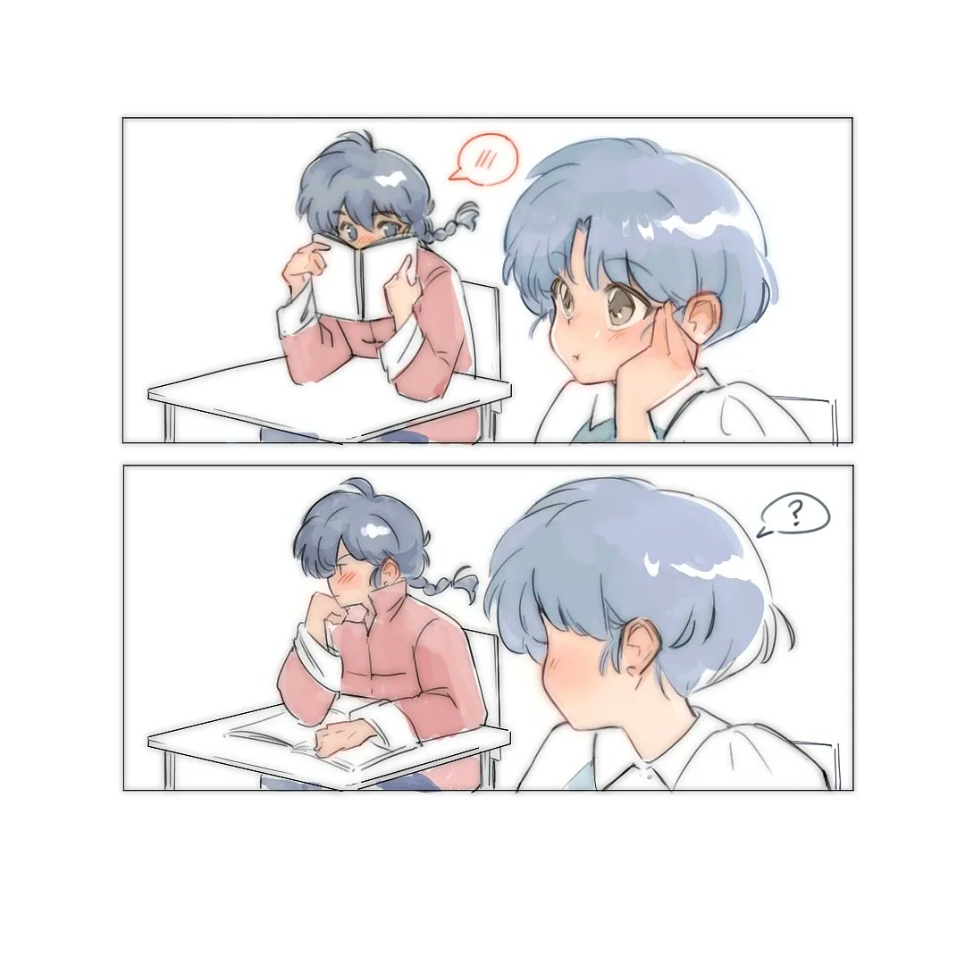 1boy 1girl blue_hair blush book braid braided_ponytail desk embarrassed fuurinkan_high_school_uniform looking_at_another mariadraws97 open_mouth ranma_1/2 saotome_ranma school_desk school_uniform short_hair tendou_akane tsundere