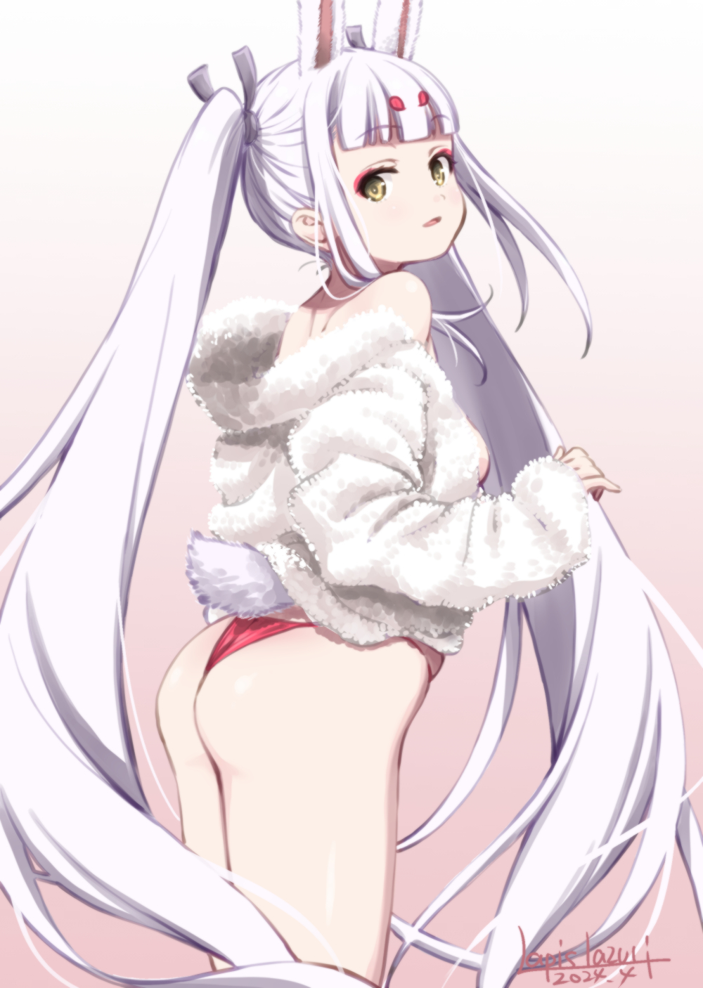 1girl animal_ears ass azur_lane bare_shoulders brown_eyes from_behind highres jacket long_hair looking_at_viewer looking_back no_pants off_shoulder open_mouth panties rabbit_ears rabbit_girl rabbit_tail red_panties ribbon shimakaze_(azur_lane) solo tail thighs twintails umyonge_(lkakeu) underwear very_long_hair white_hair white_jacket