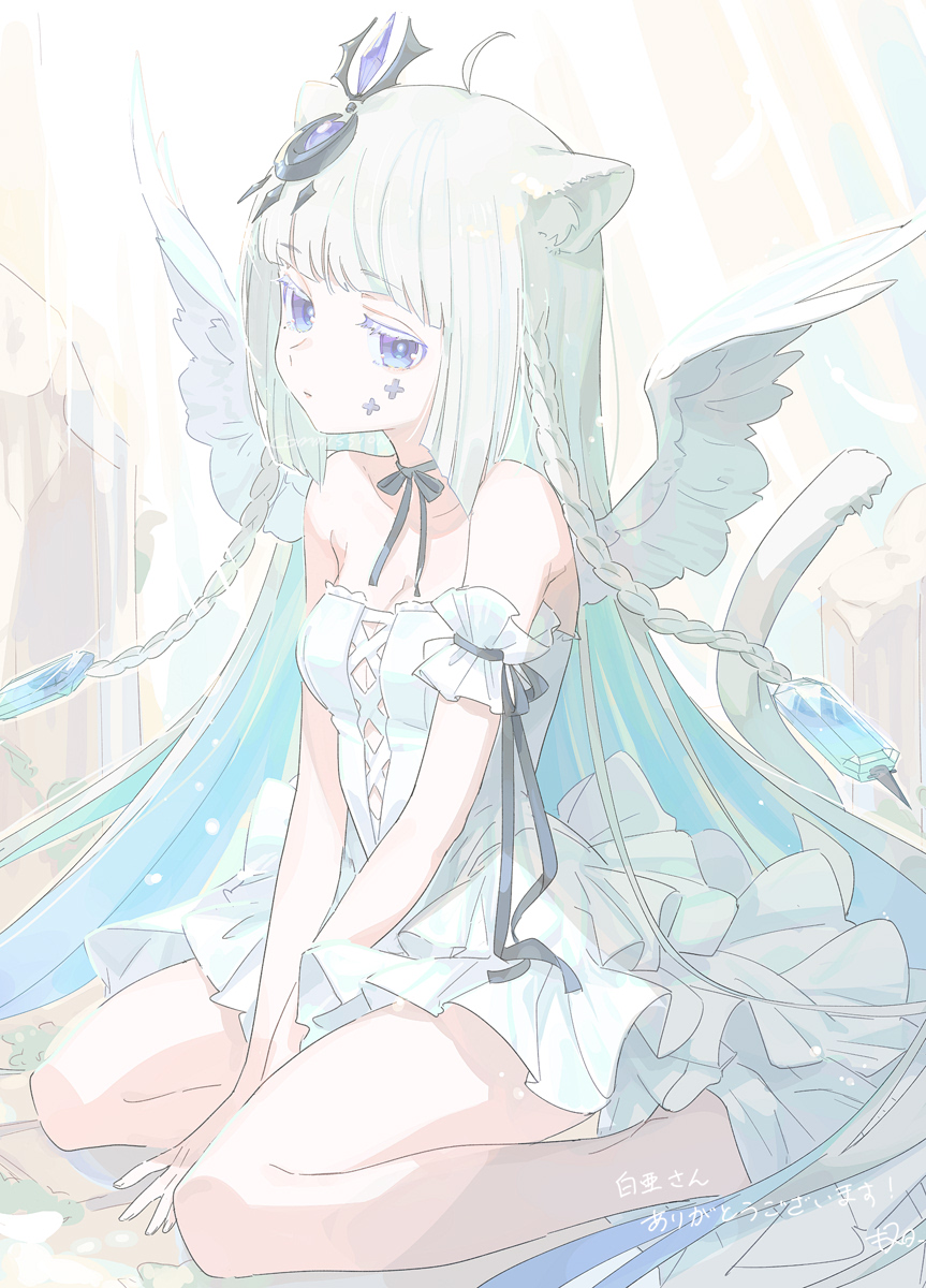 1girl ahoge animal_ear_fluff animal_ears arm_garter black_ribbon blue_eyes blue_gemstone blue_hair braid broken_pillar cat_ears cat_girl cat_tail closed_mouth colored_eyelashes colored_inner_hair cross-laced_clothes cross-laced_dress dress feathered_wings full_body gem gem_hair_ornament green_hair highres kinutani_yutaka long_hair looking_at_viewer multicolored_hair neck_ribbon off-shoulder_dress off_shoulder original outdoors ribbon sitting solo tail twin_braids very_long_hair wings yokozuwari