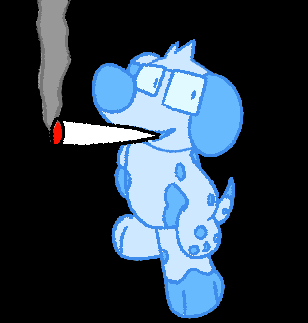 anthro avery_(hiddenbird) biped blue_body canid canine canis domestic_dog dot_eyes drugs eyewear glasses hands_on_hips hiddenbird humor looking_at_viewer male mammal marijuana mario_smoking_weed meme ralsei_smoking_blunt shitpost simple_background smoke smoking solo tail three-quarter_view