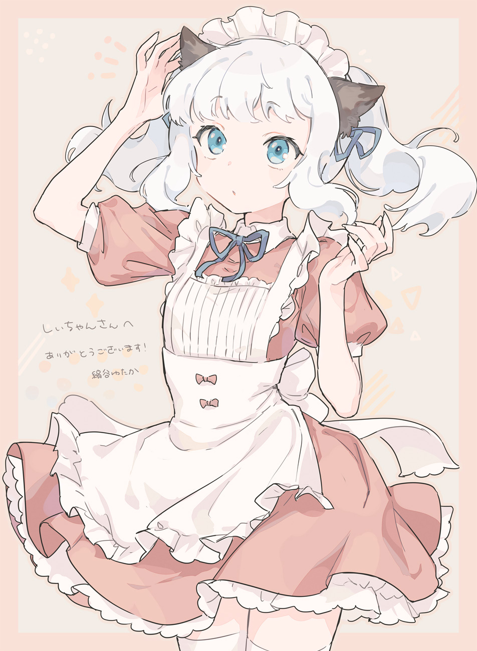 1girl :o animal_ears apron arm_up back_bow blue_eyes border bow brown_background cat_ears cat_girl collared_dress commentary_request cowboy_shot dress fingernails frilled_apron frills hand_up highres kinutani_yutaka long_hair looking_at_viewer maid maid_headdress notice_lines orange_border original outside_border pink_dress puffy_short_sleeves puffy_sleeves sharp_fingernails short_sleeves sidelocks solo standing thighhighs translation_request two_side_up white_apron white_hair white_thighhighs