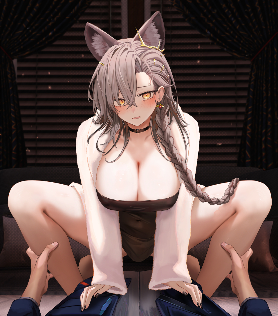1boy 1girl animal_ears arknights black_choker black_nails blush braid braided_ponytail breasts choker cleavage covered_navel doctor_(arknights) girl_on_top grey_hair large_breasts long_hair long_sleeves looking_at_viewer lying nail_polish parted_lips penance_(arknights) pov ru_zhai solo_focus squatting thighs yellow_eyes
