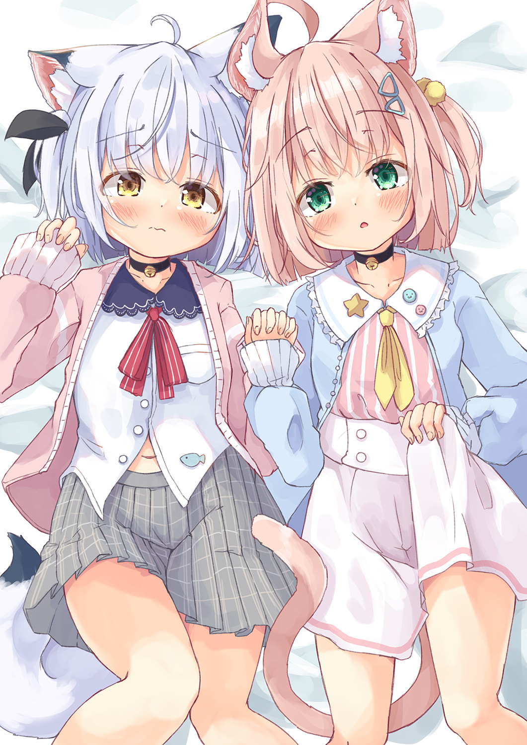 2girls ahoge animal_ear_fluff animal_ears bed_sheet bell black_choker black_ribbon blue_jacket blush brown_hair cat_ears cat_girl cat_tail choker closed_mouth collared_shirt commentary_request dress_shirt feet_out_of_frame green_eyes grey_hair grey_skirt hair_bobbles hair_ornament hair_ribbon highres holding_hands interlocked_fingers jacket jingle_bell long_sleeves looking_at_viewer manabe_mana multiple_girls navel neck_bell neckerchief one_side_up open_clothes open_jacket original parted_lips pinching_sleeves pink_jacket pleated_skirt puffy_long_sleeves puffy_sleeves ribbon shirt skirt skirt_hold sleeves_past_wrists striped_clothes striped_shirt tail vertical-striped_clothes vertical-striped_shirt wavy_mouth white_shirt white_skirt yellow_eyes yellow_neckerchief