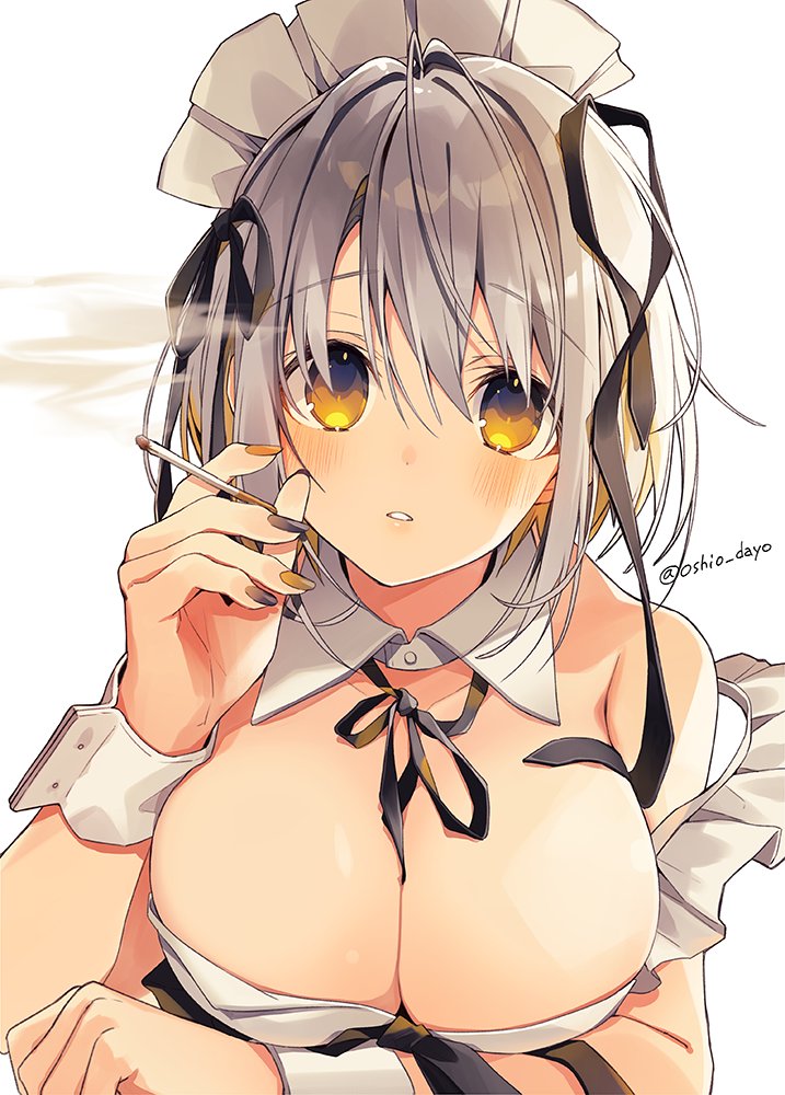 1girl bare_shoulders black_ribbon blush breasts buttons cigarette cleavage collarbone detached_collar grey_hair hair_between_eyes hair_ribbon hand_up holding holding_cigarette large_breasts looking_at_viewer maid maid_day maid_headdress nail_polish original oshio_(dayo) ribbon short_hair simple_background smoke solo twitter_username upper_body white_background wrist_cuffs yellow_eyes yellow_nails