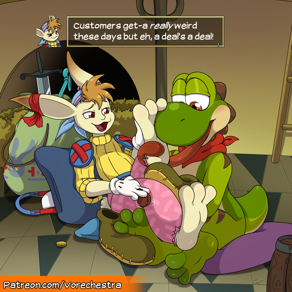 2024 anthro bag barefoot clothed clothing detailed_background dialogue digital_drawing_(artwork) digital_media_(artwork) dinosaur dominant duo english_text feet foot_fetish foot_fetish_validation foot_focus foot_lick foot_on_face foot_play footwear green_body green_yoshi guido_(grandia) inside ladder lagomorph leporid licking lidded_eyes long_ears long_tongue male male/male mammal mario_bros melee_weapon mostly_nude nathan_(yoshi) nintendo nude pillow rabbit reclining red_eyes reptile scalie scarf scarf_only shaded shoes short_tail sitting soles speech_box store sword tail text toes tongue tongue_wrap url vorechestra watermark weapon white_body yoshi