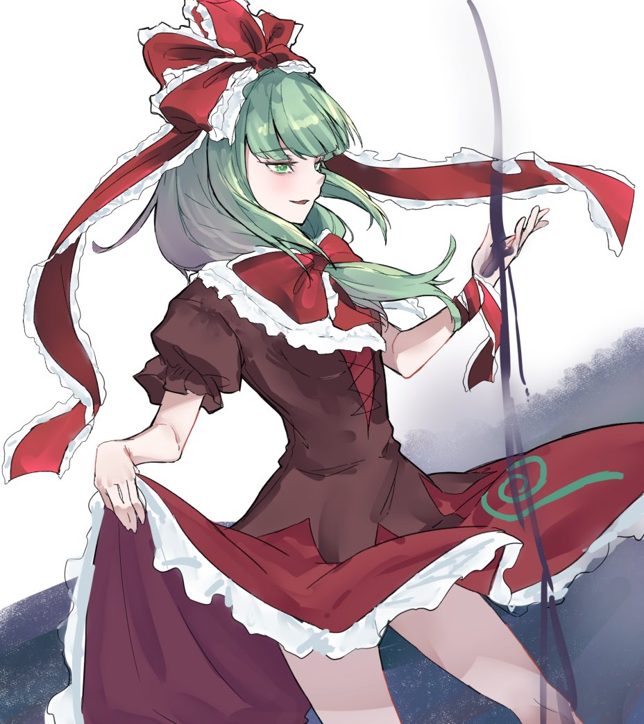 1girl arm_ribbon bow frilled_bow frilled_ribbon frills front_ponytail green_eyes green_hair hair_bow hair_ribbon kagiyama_hina kanaria_(bocmn) lifted_by_self puffy_short_sleeves puffy_sleeves red_bow red_ribbon ribbon short_sleeves smile solo touhou