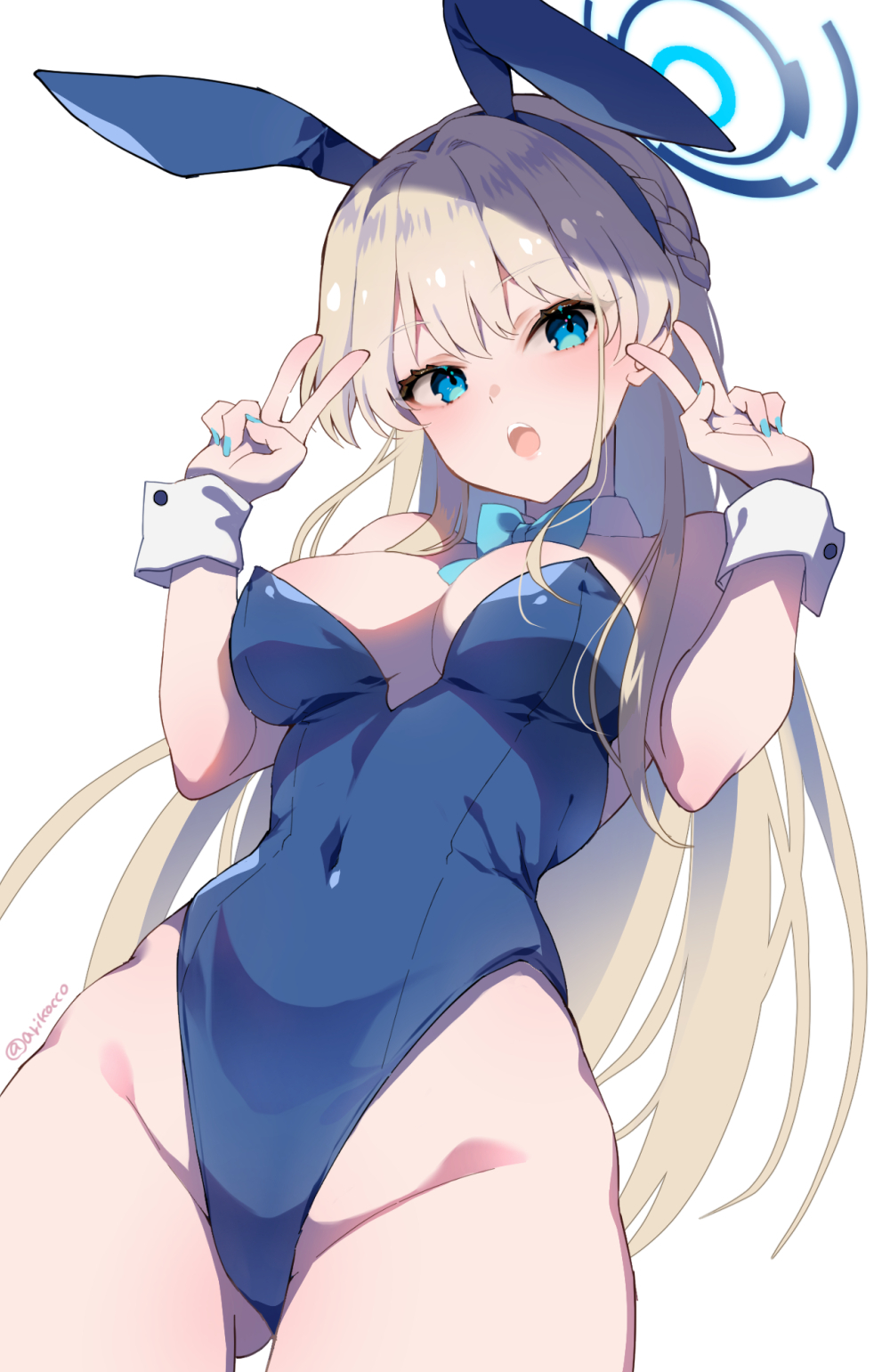 1girl animal_ears ariko_youichi bare_shoulders blonde_hair blue_archive blue_eyes blue_leotard blush bow bowtie braid breasts cleavage covered_navel detached_collar double_v earpiece fake_animal_ears french_braid halo highleg highleg_leotard highres leotard long_hair looking_at_viewer medium_breasts open_mouth playboy_bunny rabbit_ears solo thighhighs thighs toki_(blue_archive) toki_(bunny)_(blue_archive) v white_thighhighs wrist_cuffs