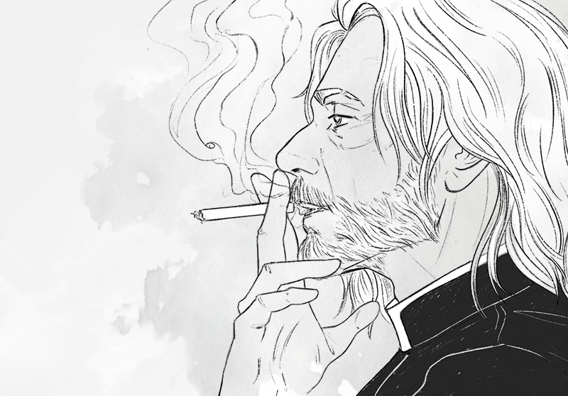 1boy beard cassock cigarette clerical_collar facial_hair from_side full_beard greyscale holding holding_cigarette male_focus marcus_keane mature_male medium_hair monochrome portrait priest smoke_trail smoking solo the_exorcist the_exorcist_(tv_series) weardes wrinkled_skin