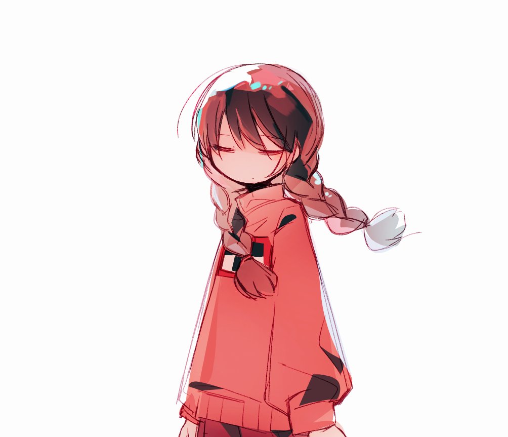 1girl braid brown_hair closed_eyes closed_mouth facing_viewer kikatakuji long_hair long_sleeves madotsuki pink_skirt pink_sweater puffy_long_sleeves puffy_sleeves simple_background skirt solo sweater twin_braids upper_body white_background yume_nikki