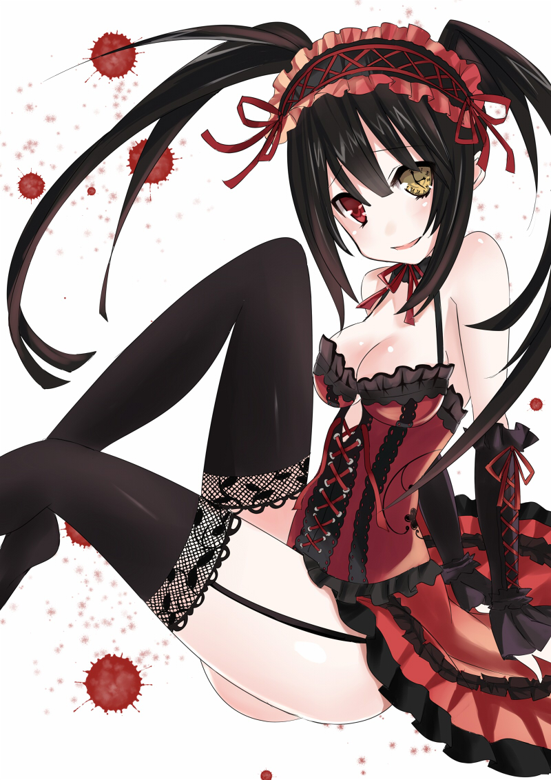 1girl bare_shoulders black_hair breasts clock_eyes date_a_live dress frilled_dress frilled_hairband frills garter_straps hairband heterochromia lace-trimmed_thighhighs lace_trim lolita_fashion lolita_hairband looking_at_viewer medium_breasts mikan_no_shiru open_mouth red_dress red_eyes smile solo symbol-shaped_pupils thighhighs thighs tokisaki_kurumi twintails two-tone_dress yellow_eyes